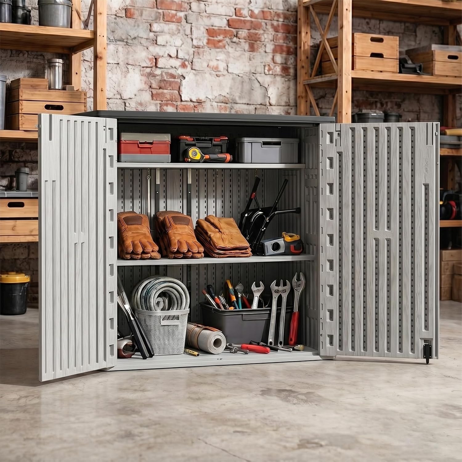 Outdoor Storage Cabinet, 37 Cu.ft Waterproof Resin Shed for Garden Tools, Garbage cans, Lockable Outside Storage Shed for Backyard & Patio, Easy to Assemble (Grey)