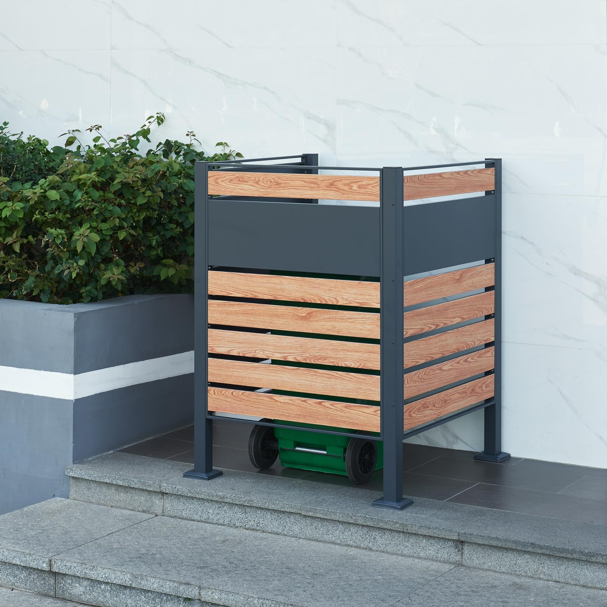 [en.casa] Mülltonnenverkleidung Uusikaupunki Zaunelement 3er Set Erweiterungsmodul Sichtschutz für Mülltonnen 60/120/240 L Metall Mülltonnenzaun 120 x 91 x 91 cm Anthrazit/Holz-Optik