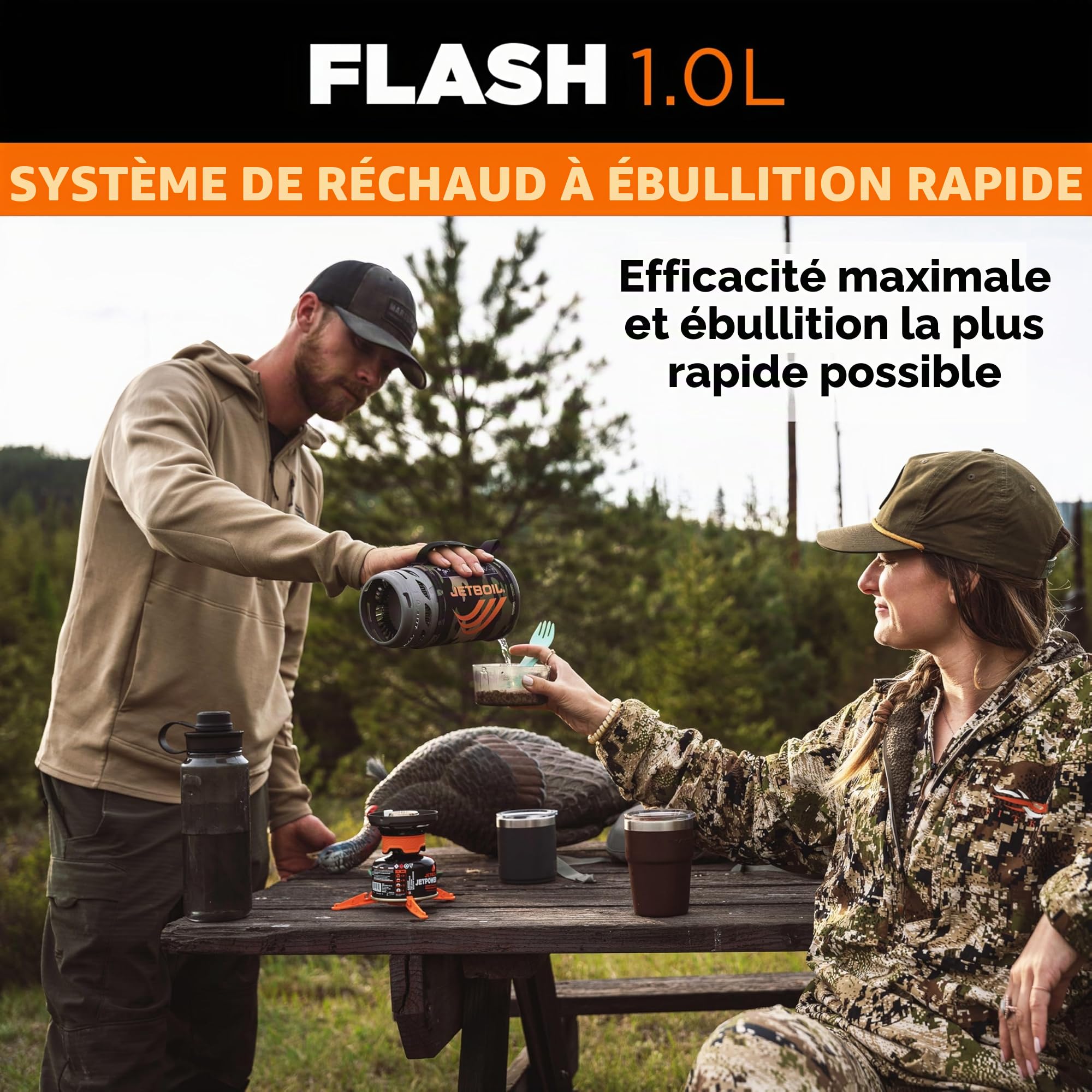 Jetboil Flash Réchaud portable 1 L à ébullition rapide pour camping randonnée avec allumage automatique en 1 étape, brûleur propane/isobutane avec tasse de cuisson, camouflage foncé