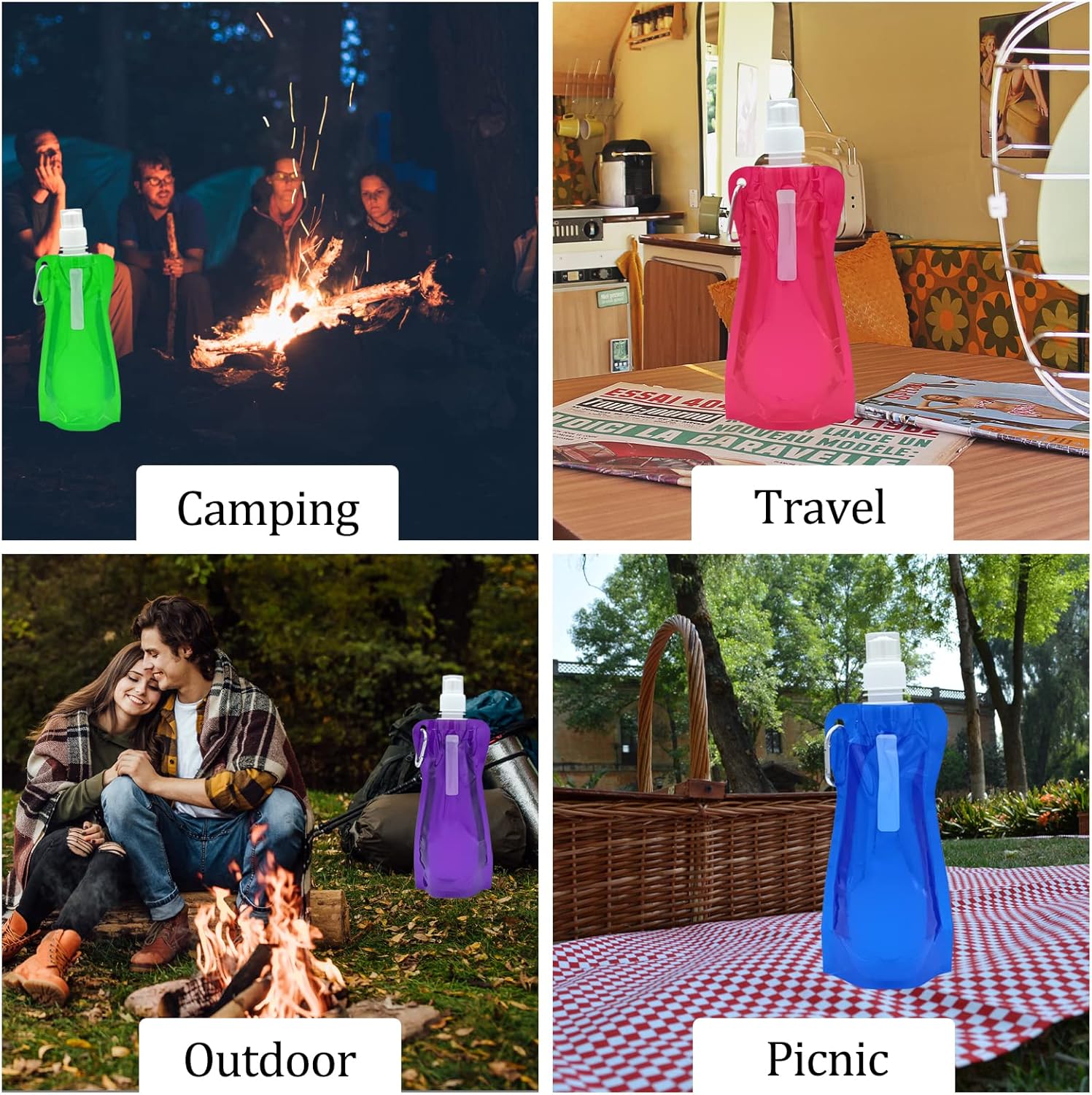 10pcs Collapsible Reusable Water Bottle with Carabiner Clip and folding funnel, for For Gym, Sports, Teams, Hiking, Camping, Biking, Outdoors, Beach, Traveling, Yoga & More, 5 Color - Image 5