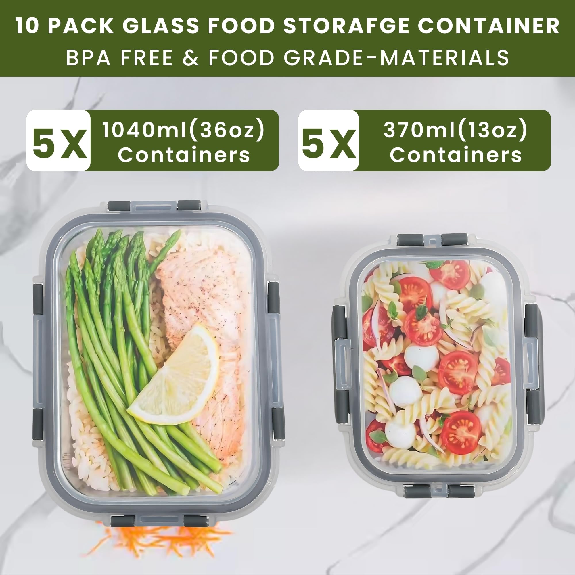 GRANZ Contenitori per alimenti in vetro, senza BPA, con coperchio ermetico a scatto, a prova di perdite, impilabili, ecologici, riutilizzabili, per microonde e lavastoviglie (5 m, 5 L)