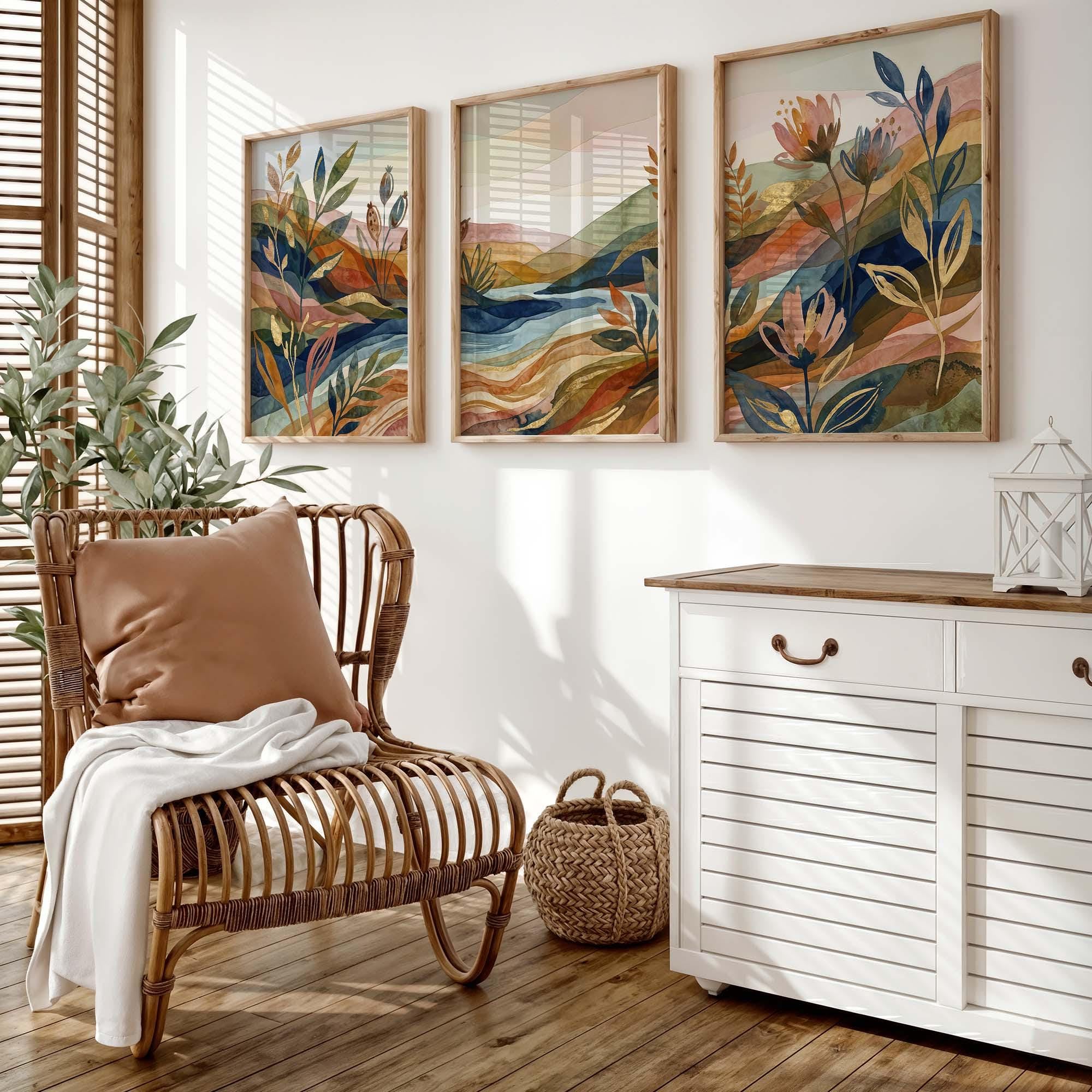 AMOSIJOY Wall Art Prints Set of 3, Abstract Landscape Wall Decor, Boho Botanical Artwork Posters, Nature Watercolour Prints for Bedroom Living Room Office Decoration, Unframed (21x30cm)