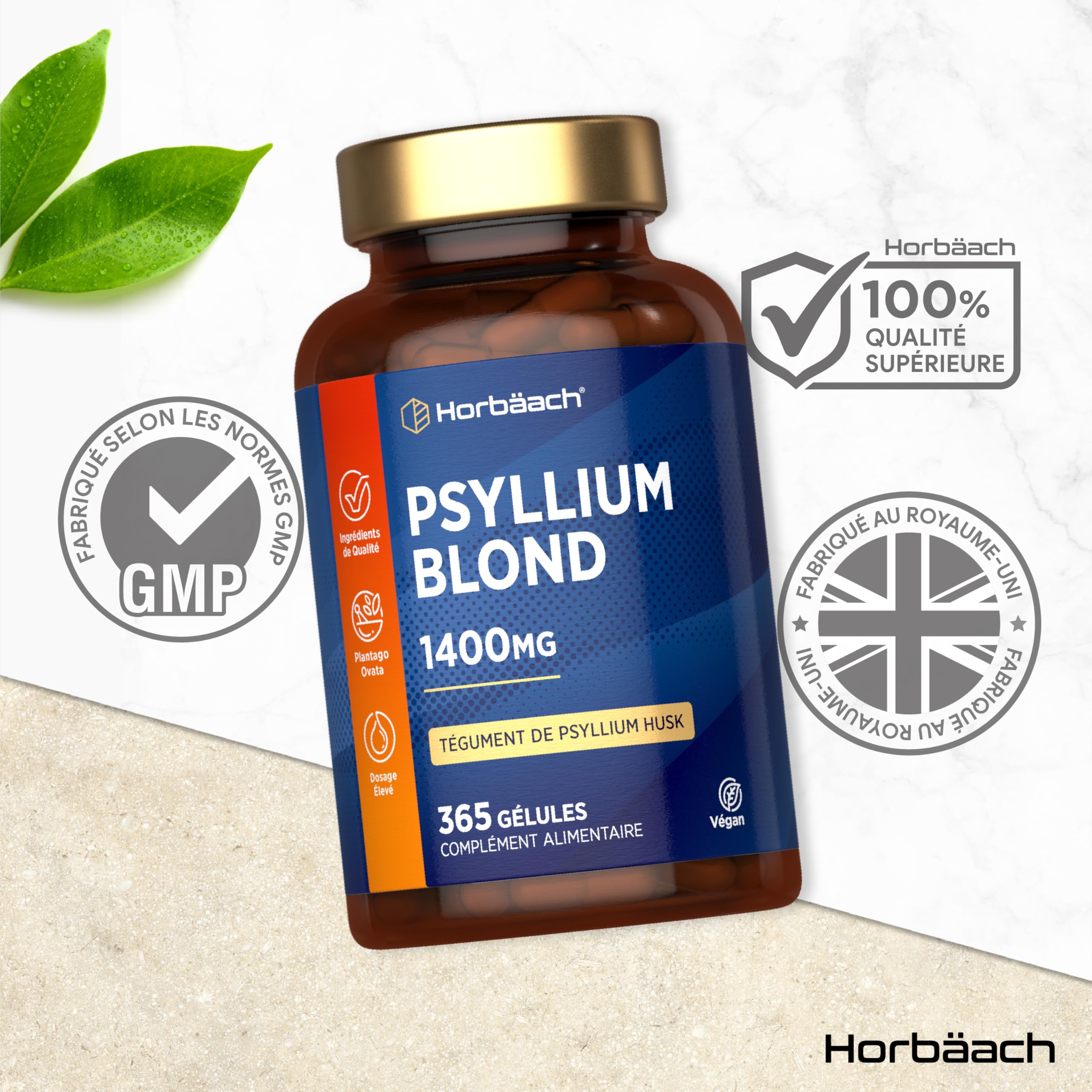 Psyllium Blond Gelules 1400 mg | 365 Psyllium Gelules Vegan | 6 Mois | Haute Dosage | Prébiotique naturel | Horbaach