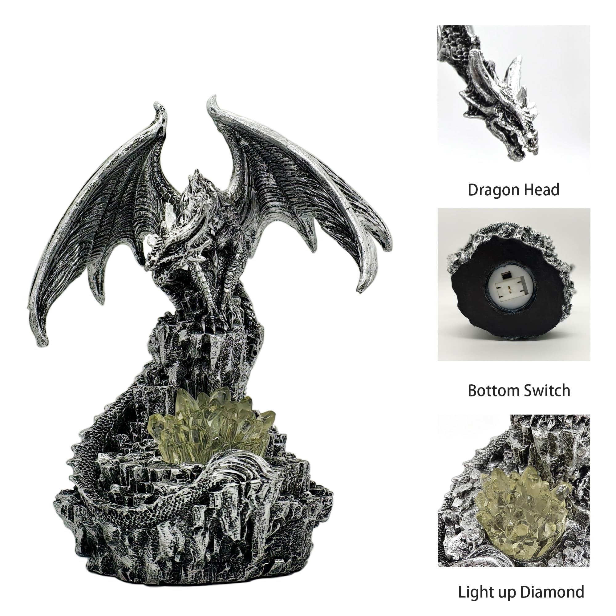 Statua decorativa a forma di drago in finto cristallo, con luci a LED, per libreria, idea regalo per gli amanti dei draghi (argento)