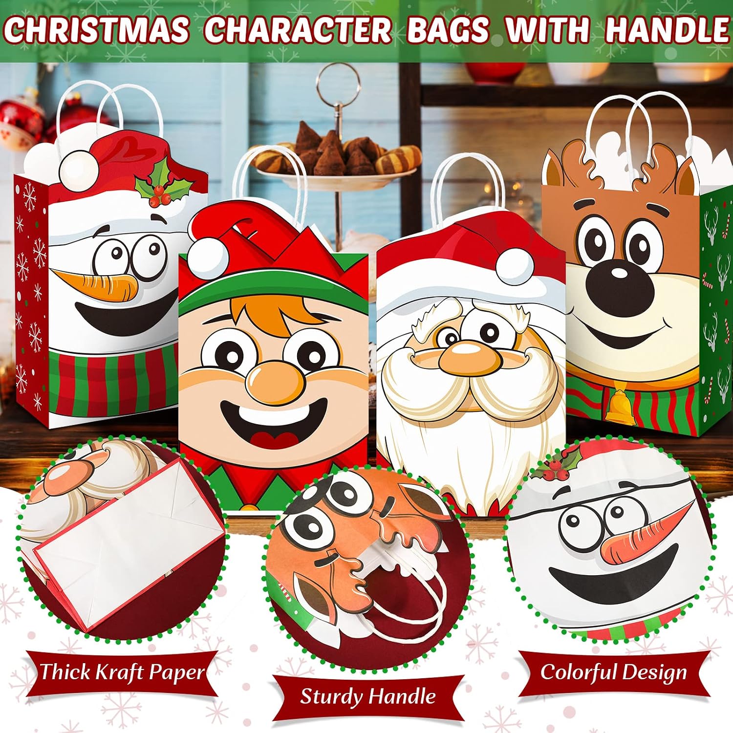 Funrous 16 Pieces Christmas Gift Bags with Tissue Papers Large Xmas Santa Claus Elf Kraft Goody Paper Bags with Handles Christmas Snowman Reindeer Gift Treat Set for Xmas Holiday Party Supplies