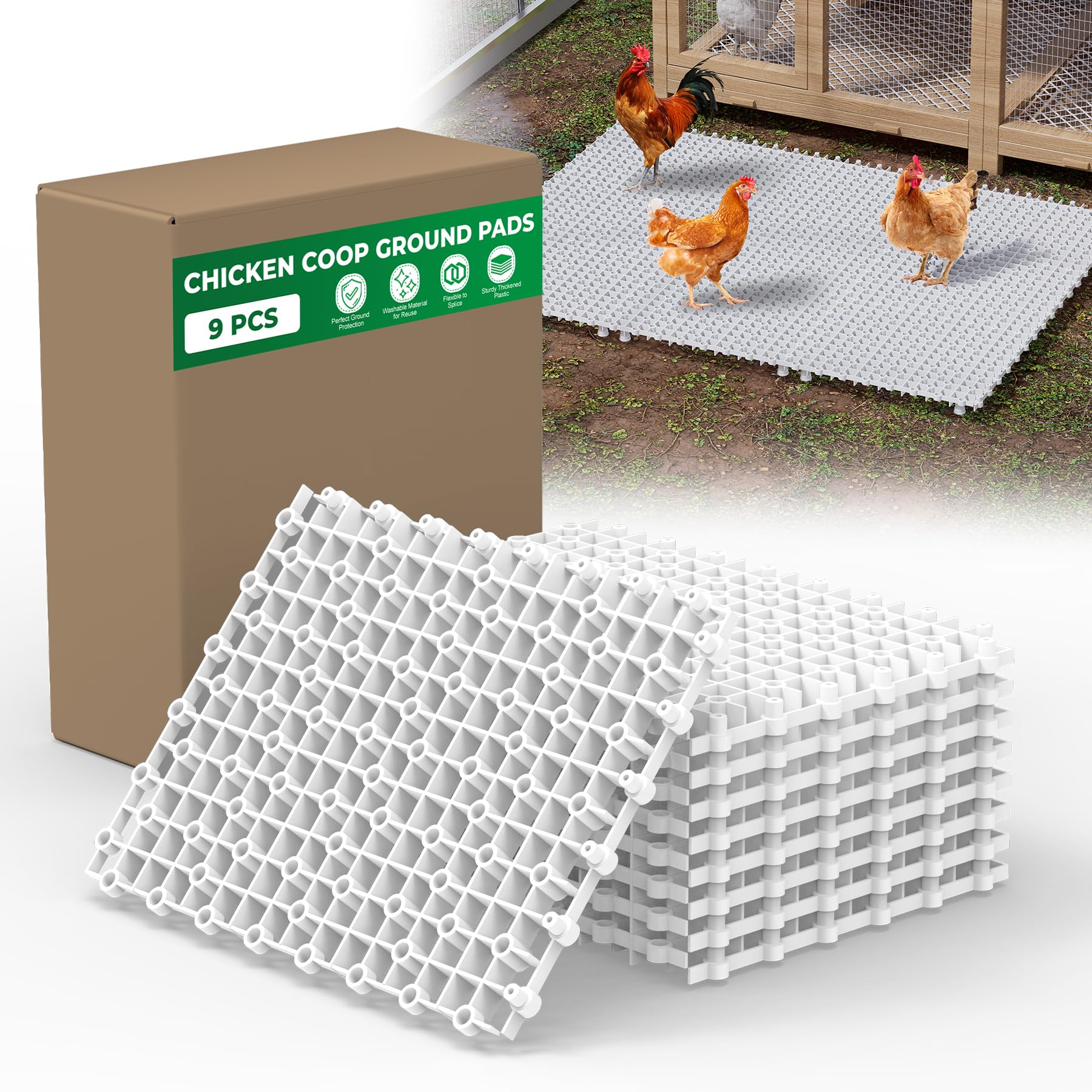 Forestchill Almohadillas de suelo de gallinero, 9 almohadillas de plástico para gallineros, alfombrillas reutilizables entrelazadas, accesorios para mantener el gallinero seco y limpio, flexibles para