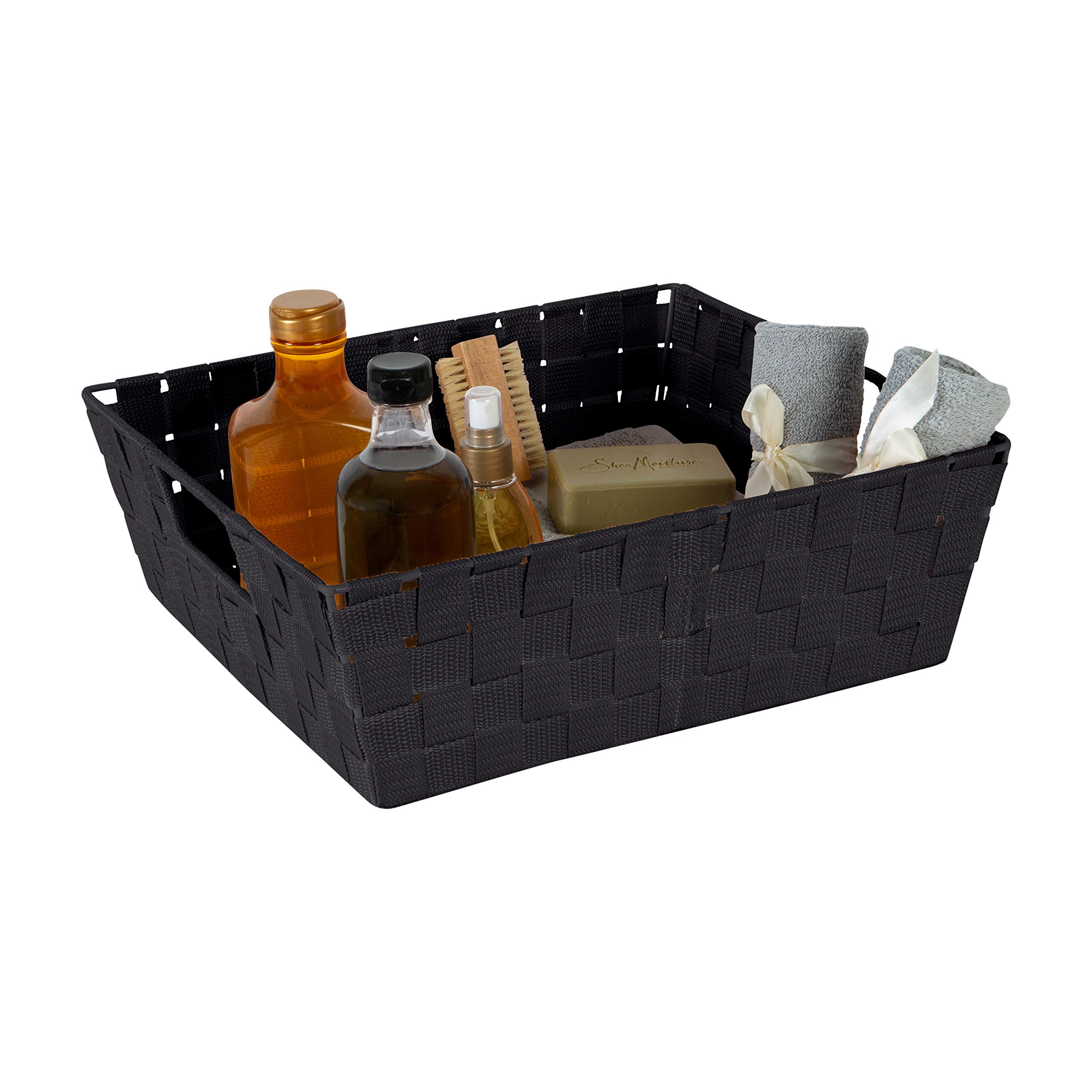 Simplify Large Shelf Woven Strap Tote | Decorative Storage Basket | Built in Handles | Organization | Closet | Bedroom | Bathroom | Nursery | Accessories | Toys | Gifts | 1 Pack | Black