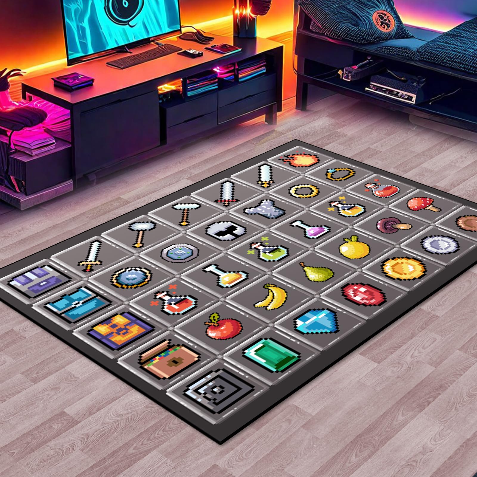DRVAKO Game Rug Teen Boys Carpet with Pixel Games Element Items Decoration Mat, Weapon Medical Game Rugs for Boy’s Bedroom Living Room Playroom,