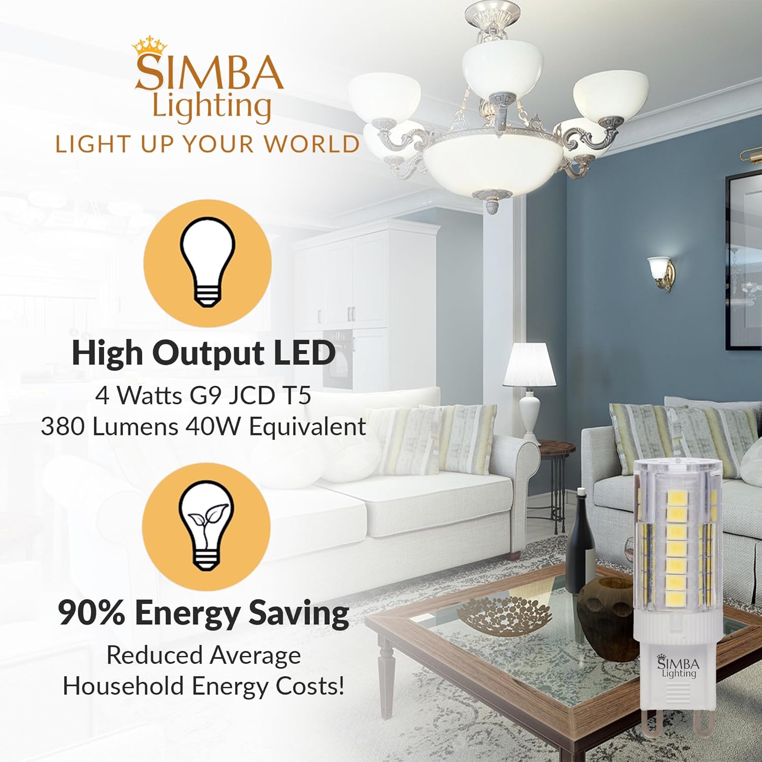 Simba Lighting LED G9 4 Watts T5 40 Watts Halogen Replacement JCD Bi-Pin Base Light Bulb for Pendants, Ceiling Lights, Desk Lamp, Wall Sconce, 120V Non-Dimmable, 6000K Daylight, Pack of 5