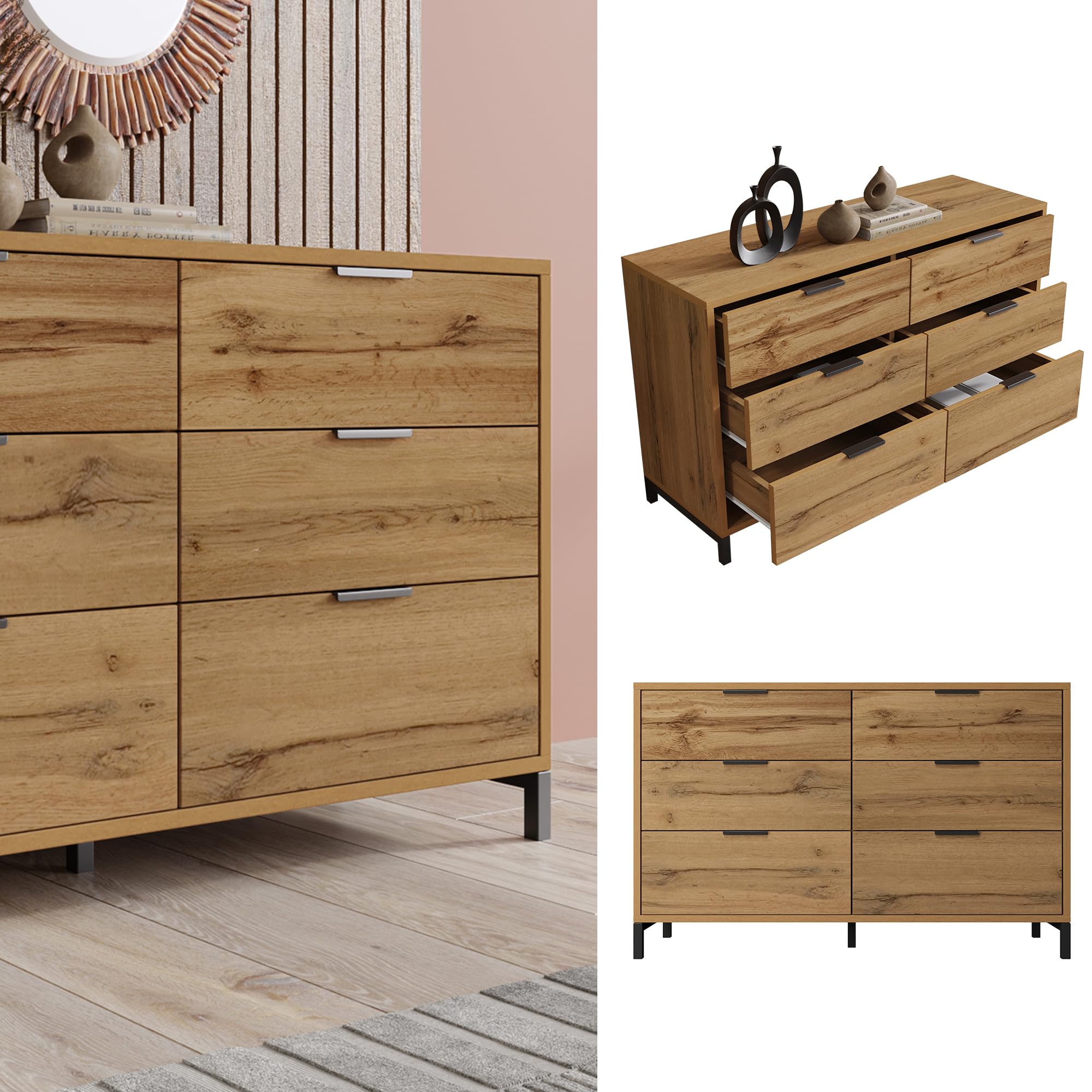 Cassettiera, credenza con 6 cassetti, 120 x 40 x 76 cm, in rovere scuro, per camera da letto, tutti gli spazi abitativi