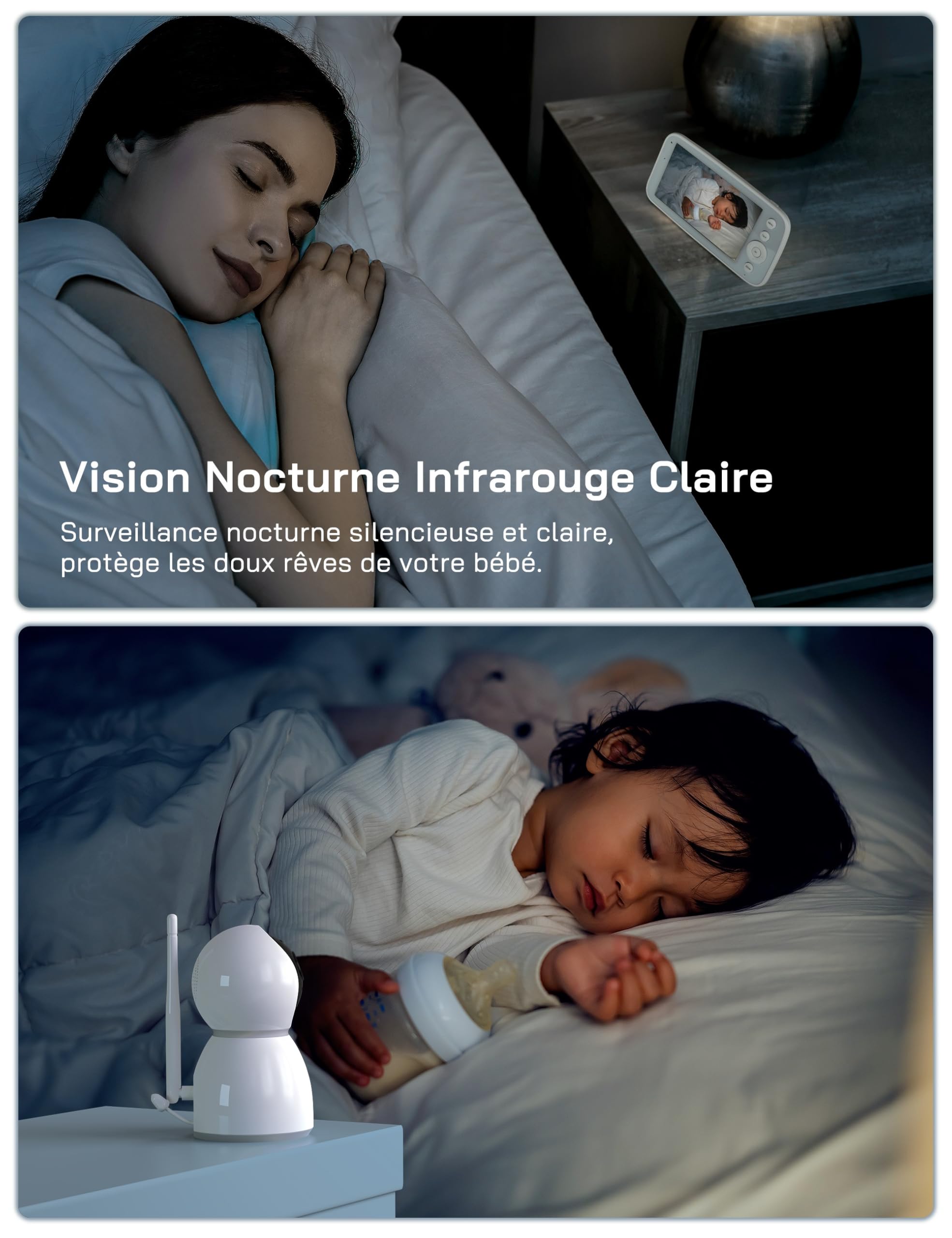 WOLFANG 1080P Babyphone Camera, Écran 5 pouces 720P, Camera Bebe Surveillance avec Rotation et Zoom à 360°, Pas de WiFi, Vision Nocturne, Conversation Bidirectionnelle, Température, Détection des Cris