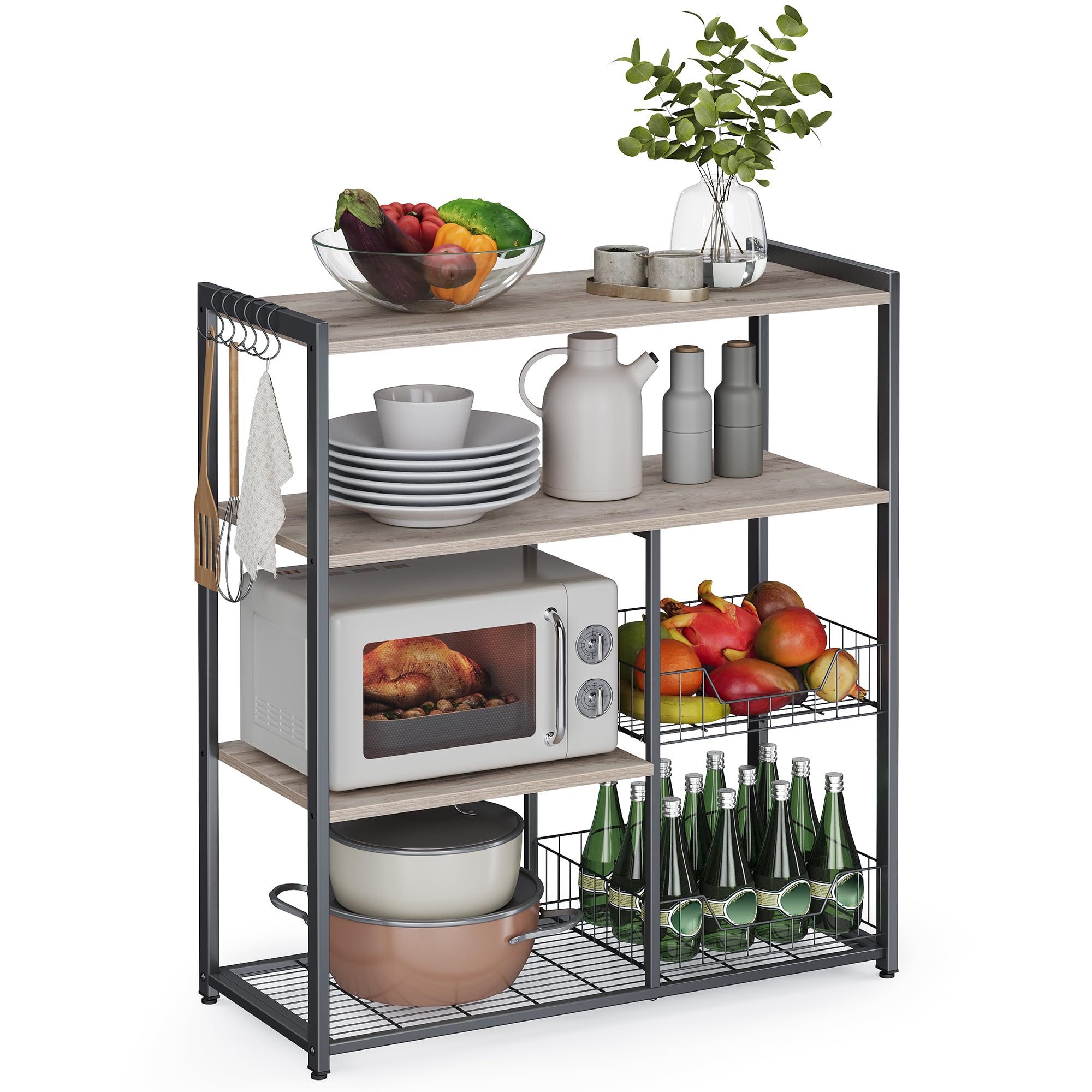 VASAGLE Küchenregal, Standregal mit 2 Metallkörben, Bäckerregal mit Haken und Regalablagen, Mikrowellenregal, 35 x 80 x 93,5 cm, Greige-schwarz KKS096B02
