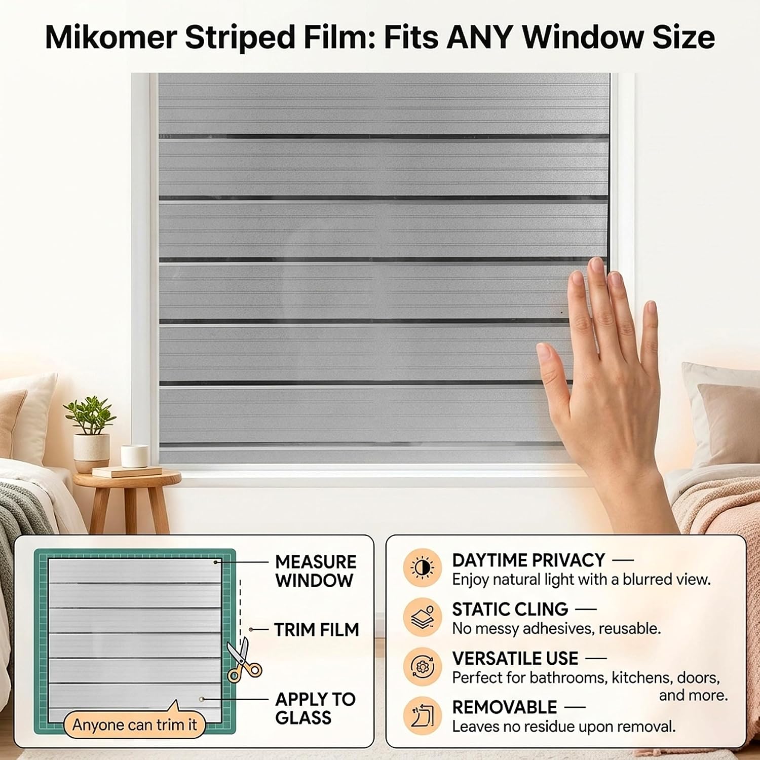 Privacy Window Film Frosted Window Cling Wide Strips Covering Non Adhesive Removable Window Sticker Glass Door Film UV Blocking for Home Office Living Room,35 x 78.7 Inches