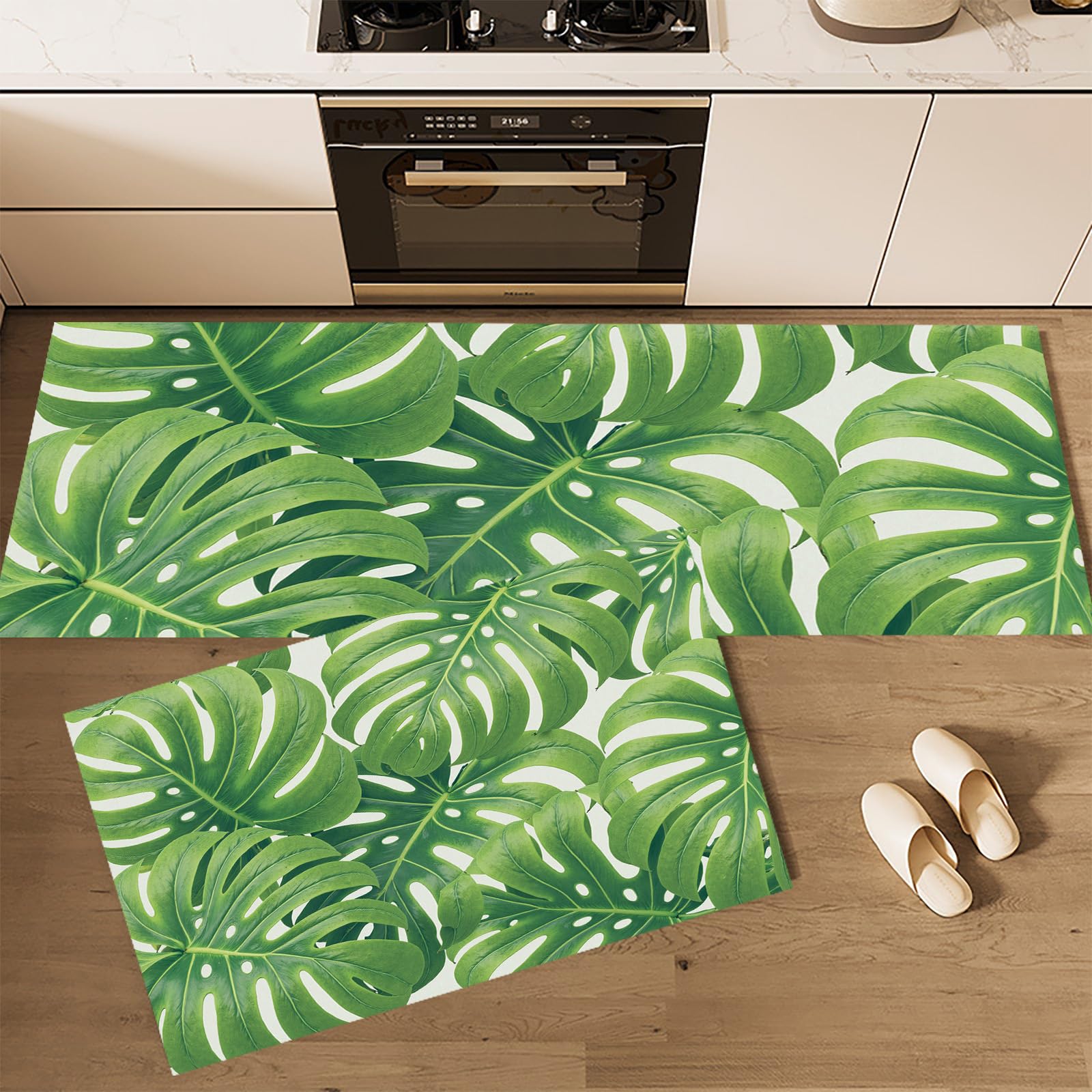 Tapis de cuisine anti-fatigue lot de 2 monstera vert sauge 44x120cm