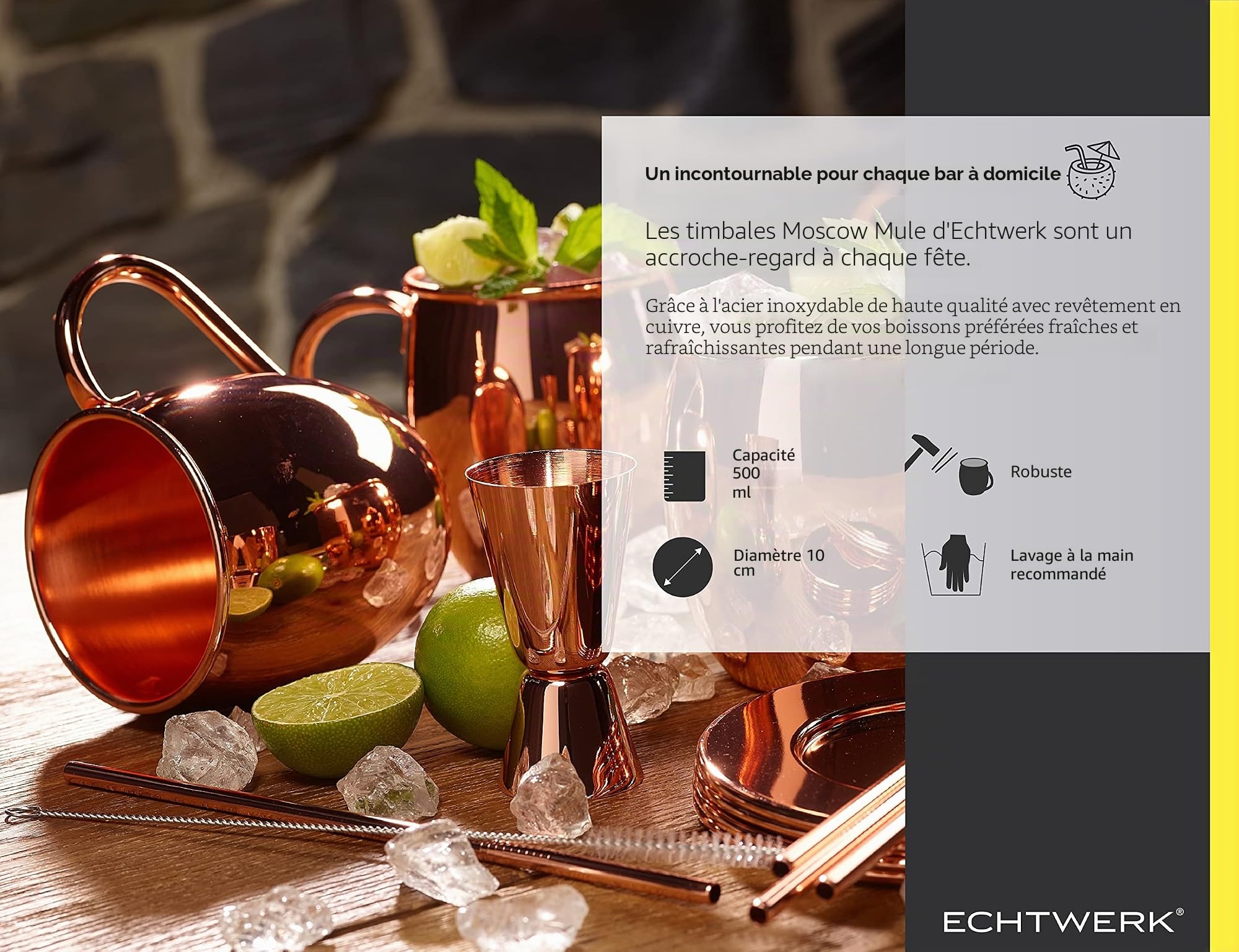 ECHTWERK Moscow Mule Set de 13 gobelets en cuivre fabriqués en acier inoxydable comprenant 4x gobelets en cuivre 500ml, 4x dessous de verre, 4x pailles et 1x gobelet doseur 2cl/4cl