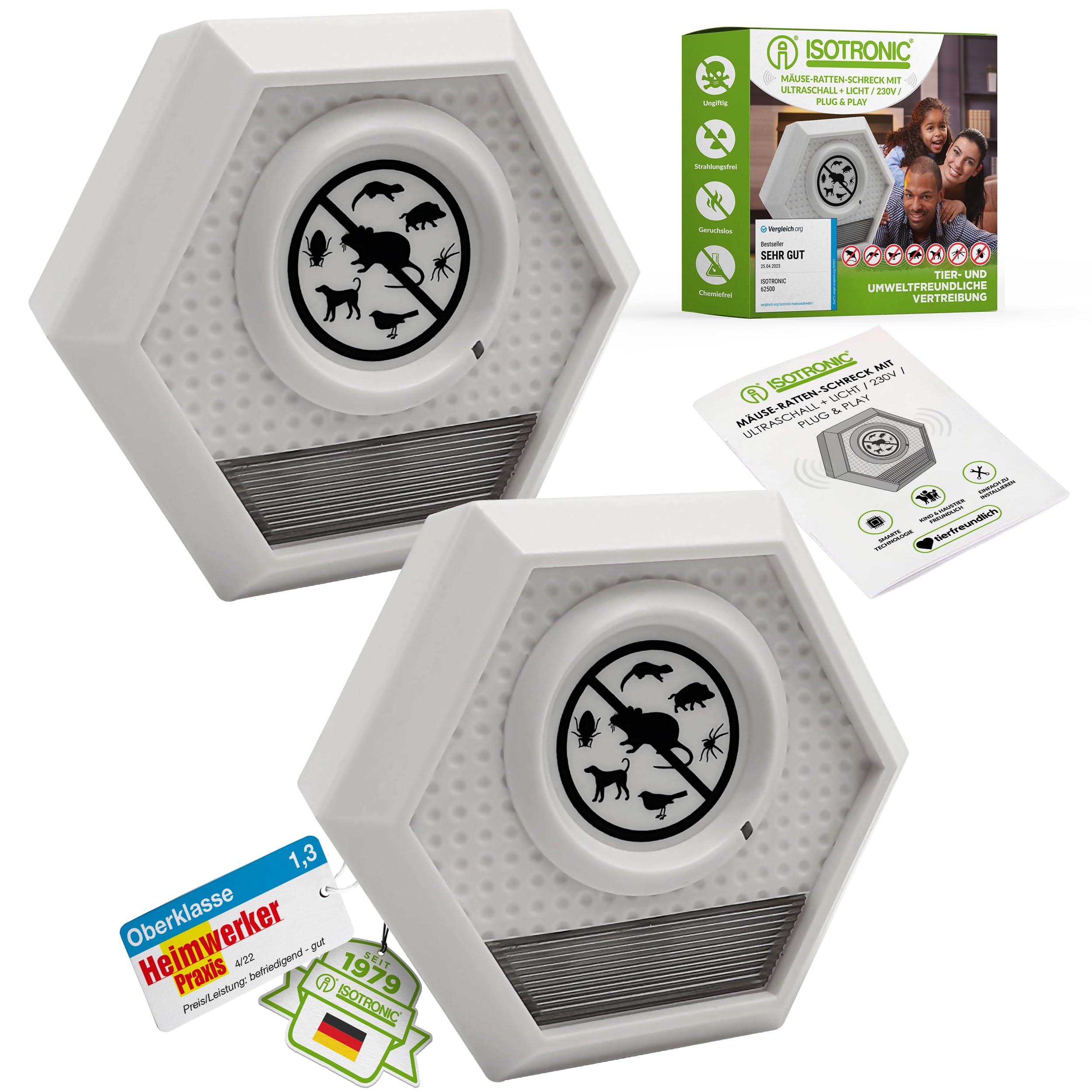 ISOTRONIC Ultraschall Mäuseabwehr zum Mäuse & Ratten vertreiben – Schädlingsvertreiber mit Ultraschall & Lichtblitz – Mäuseschreck ohne Gift & Mausefalle – 100m² Wirkungsbereich (2 Stück)