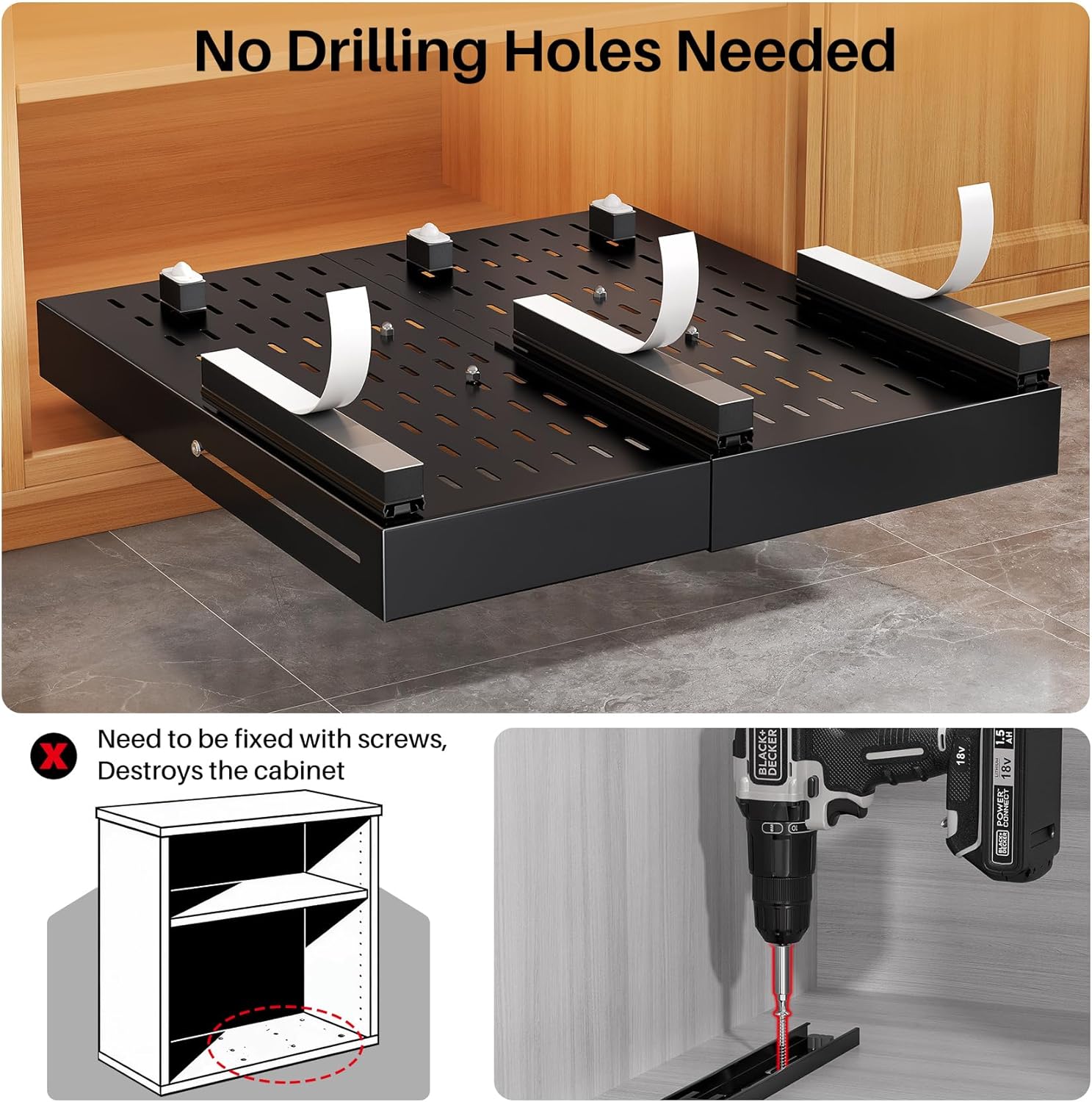 2 Pack Pull out Cabinet Organizer, Expandable Width(14"-24"), Depth(13"-24") with 3 Rails, Slide Out Drawers With Raising Pad for Framed Cabinets, with Adhesive Film for Cabinets in Kitchen, Black