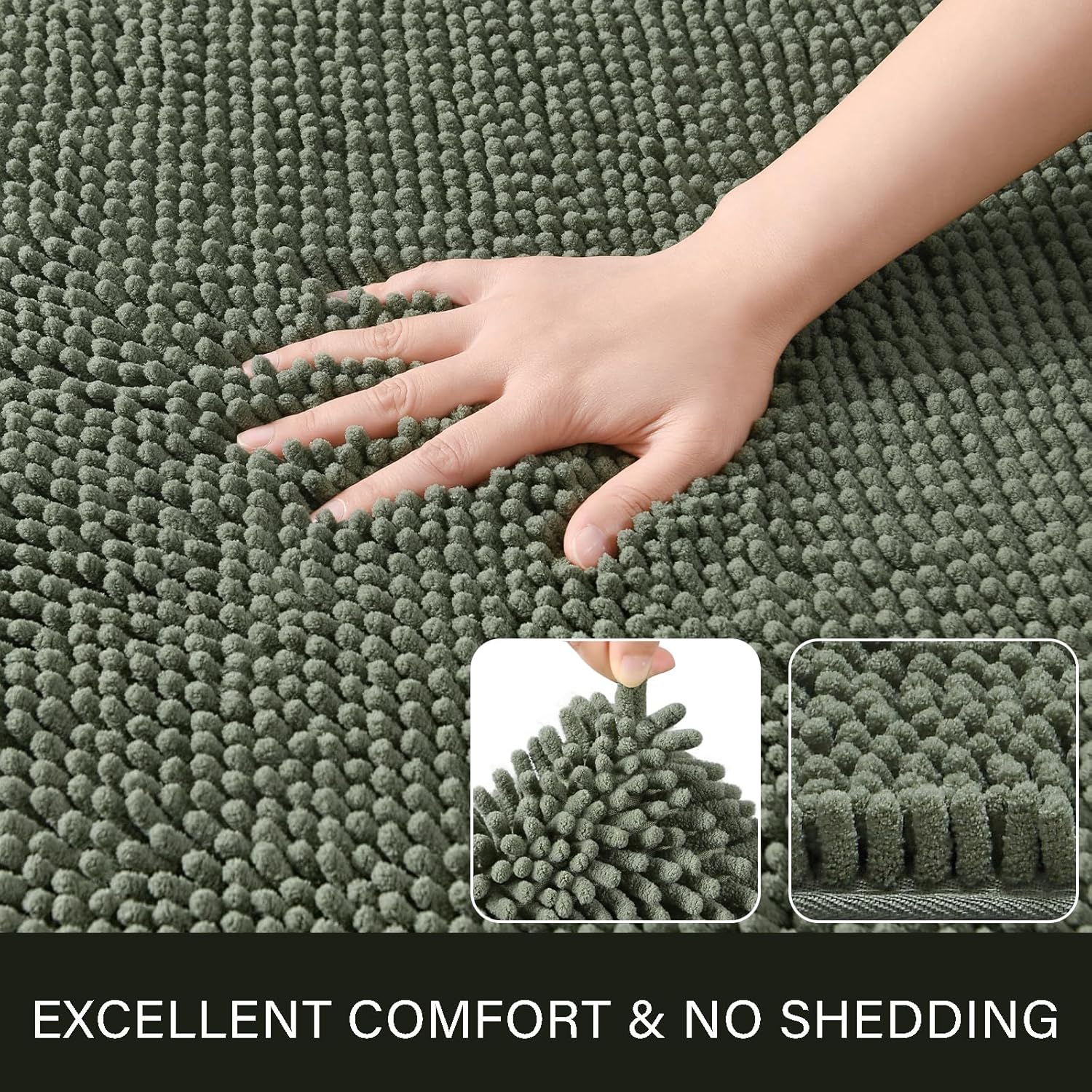 LOCHAS Luxury Bathroom Rug Shaggy Bath Mat 24 x 44 Inch, Washable Non Slip Bath Rugs for Bathroom Shower, Soft Plush Chenille Absorbent Carpets Mats, Sage Green - Image 3