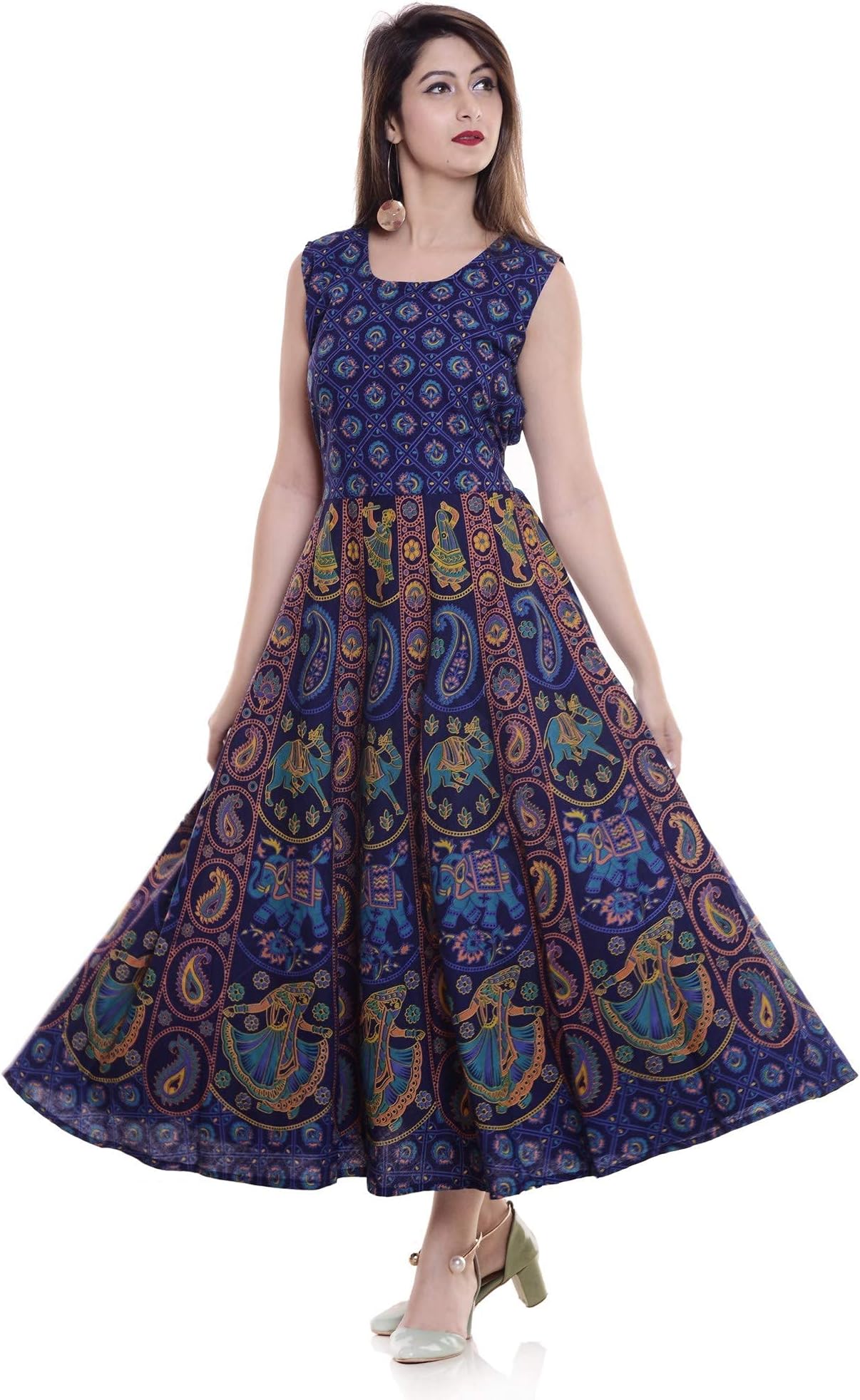 UNIBLISSWomen's Cotton Rajasthani Jaipuri Traditional Printed Kurti Long Midi Maxi Dress (Free Size Up to 44XL) - Multi