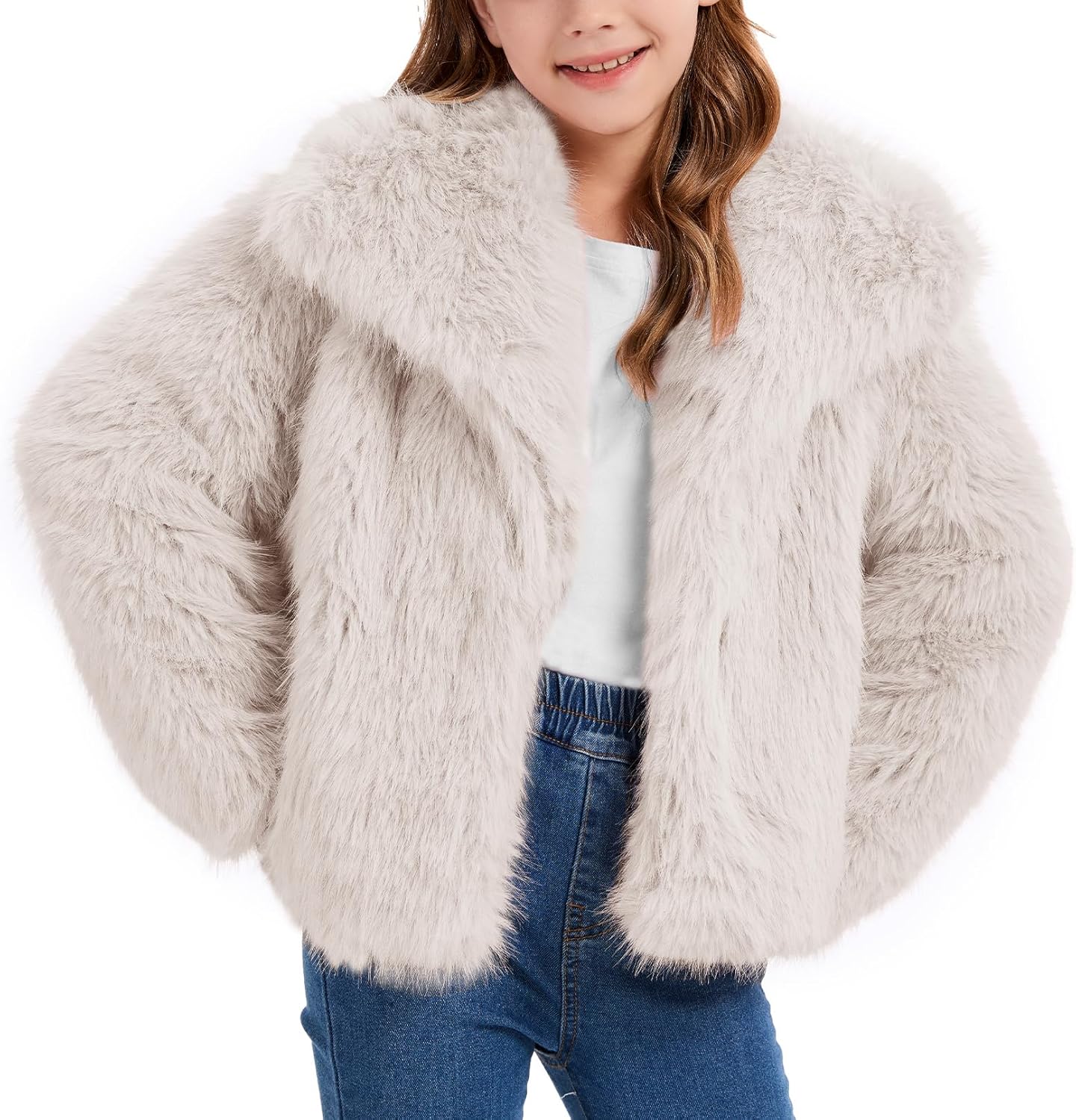 Flygo Girls Faux Fur Coat Kids Fluffy Long Sleeve Lapel Collar Open Front Jacket Warm Winter Shaggy Outwear with Pockets