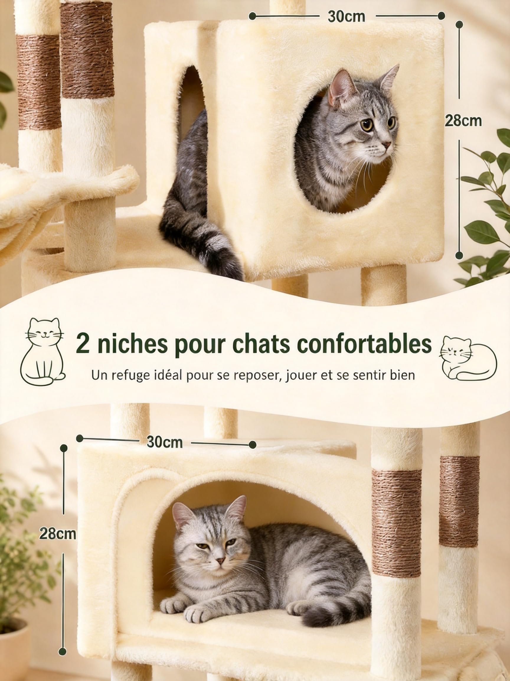Arbre à Chat 213cm XXL, Tour à Chat Géant pour Grands Chats, Beige | 11 Griffoirs Sisal, 2 Nichoirs, Hamac, Panier, Griffoir Incliné, 2 Plateformes, 2 Jouets, Idéal pour 3-5 Chats, EPT21BW