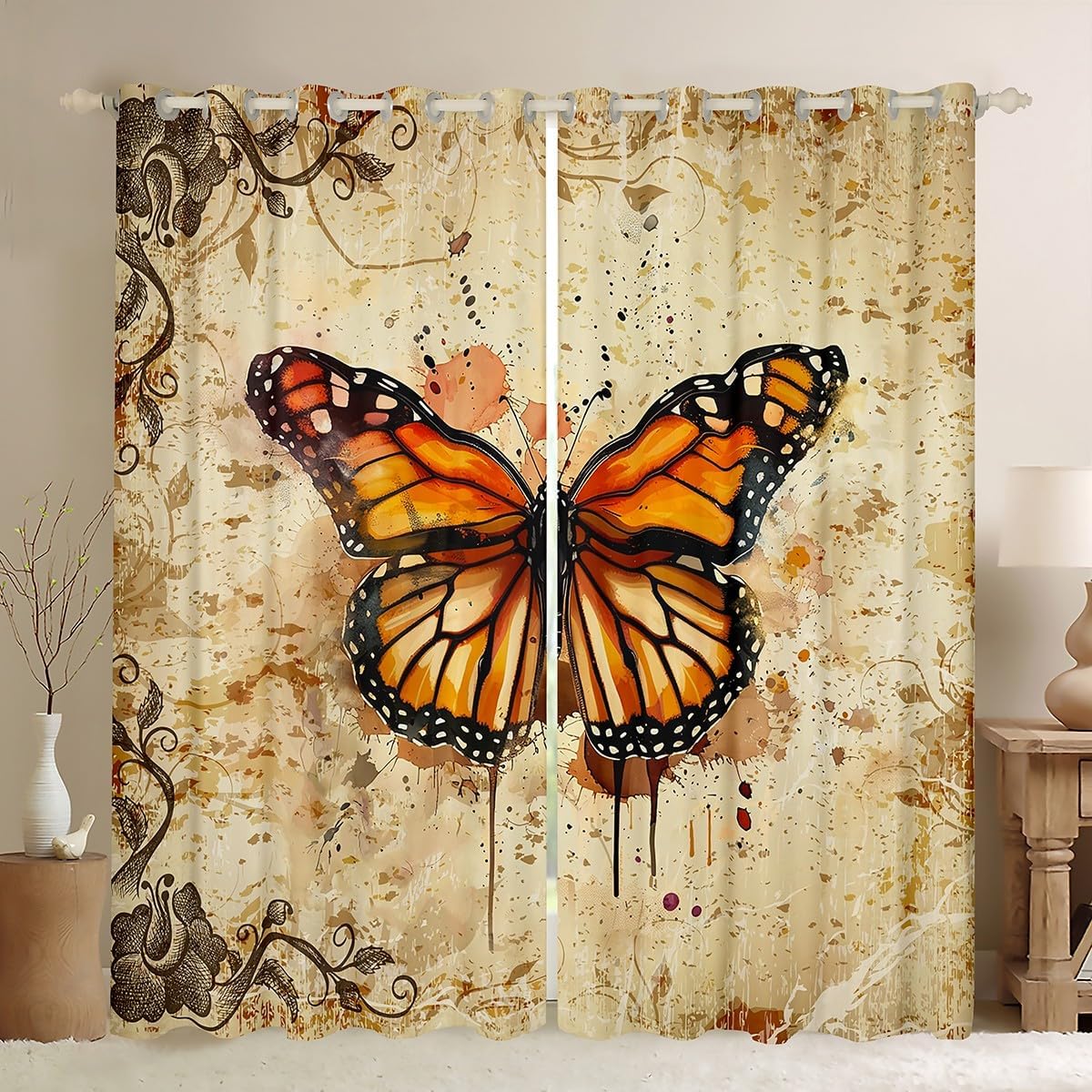 Butterfly Window Curtain Set of 2 Panels,Farmhouse Vintage Flying Animal Window Drapes,Ink Tie Dyeing Watercolor Curtain for Kids Adults Bedroom Decor,38Wx45L