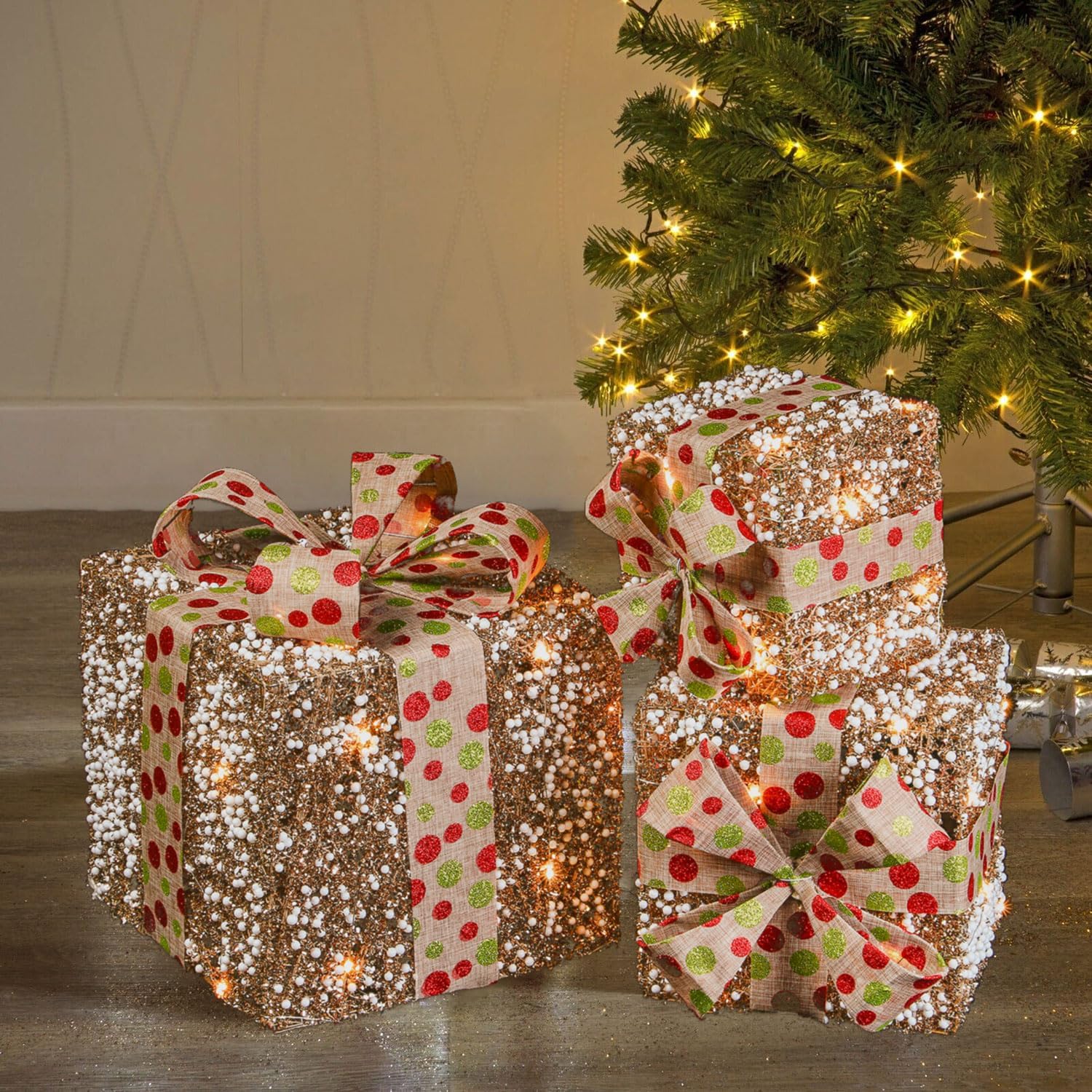 Decorative Coloured Christmas Parcel LED Light-Up Set with Bow | Indoor Outdoor Xmas Lights | Festive Holiday Sparkle Decor - Set of 3 Gift Box Decorations (Gold Glitter & White Berry)