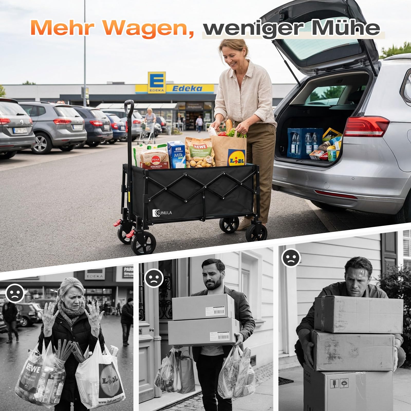 SUNULA Bollerwagen Faltbar Klein 80L 100KG, Faltbarer Bollerwagen Klappbarer Handwagen mit Halbiertem Eigengewicht, Faltbollerwagen Geländegängig mit Bremsen, Schwarz