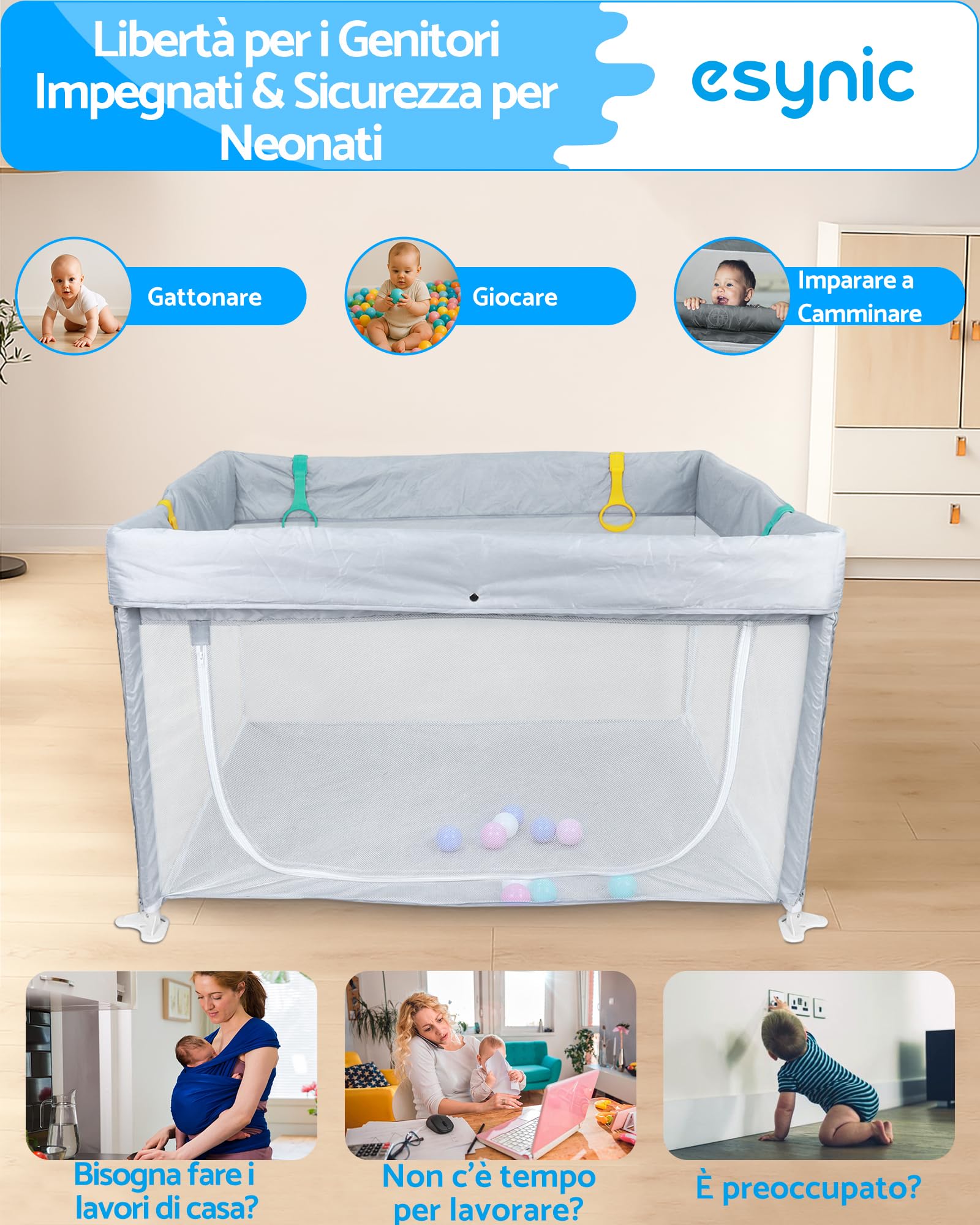 eSynic Playpen Bambini 120x120 cm Pieghevole con Pallini e Maniglie, Recinto Neonati Modulare, Porta Zip, Borsa Viaggio - Grigio