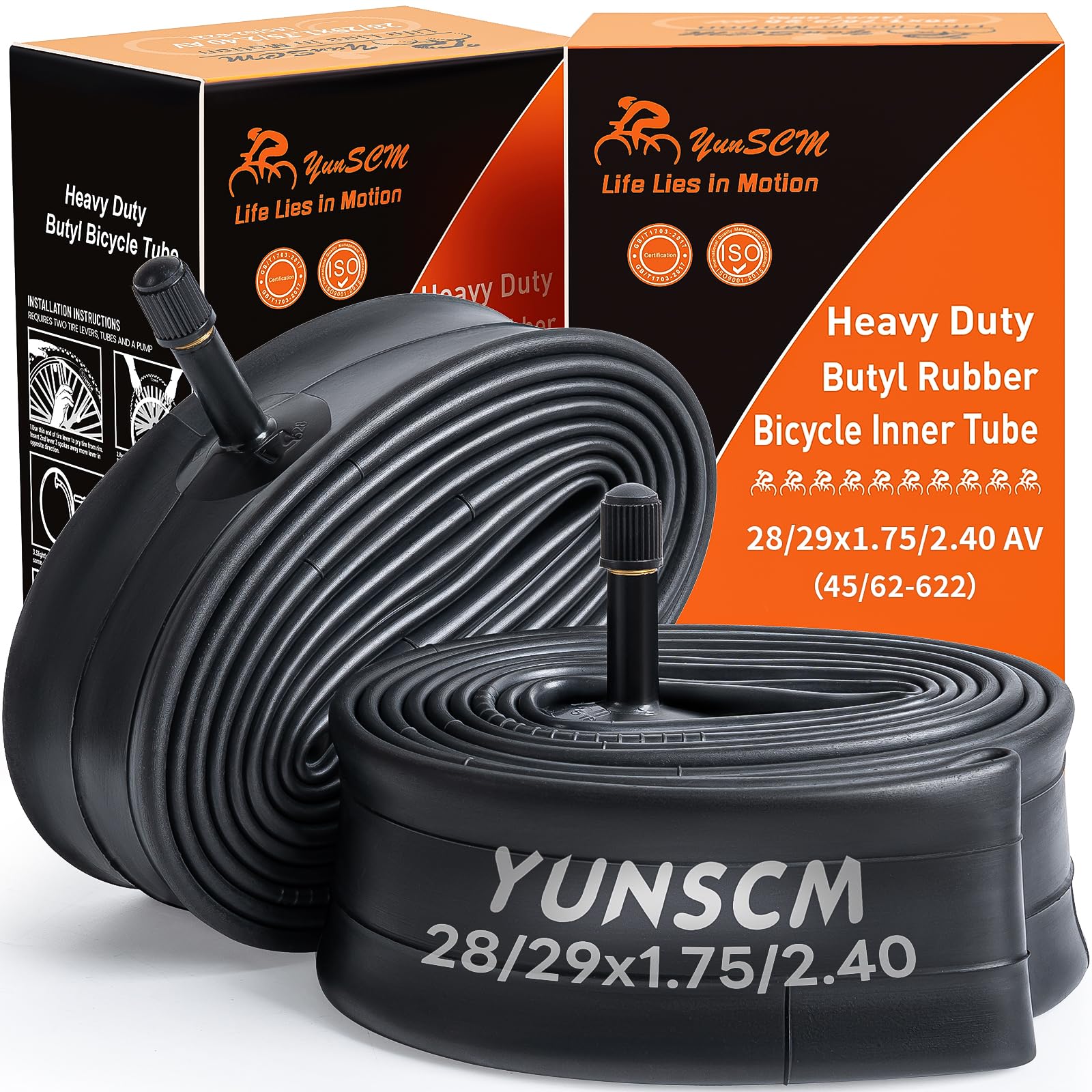 YUNSCM 28"/29" Heavy Duty Bike Tubes AV32mm 29x1.75/2.4 28x1.75/2.4 (45/62-622) Schrader Valve Bicycle Tubes Compatible with 28/29x1.75/1.95/2.0/2.1/