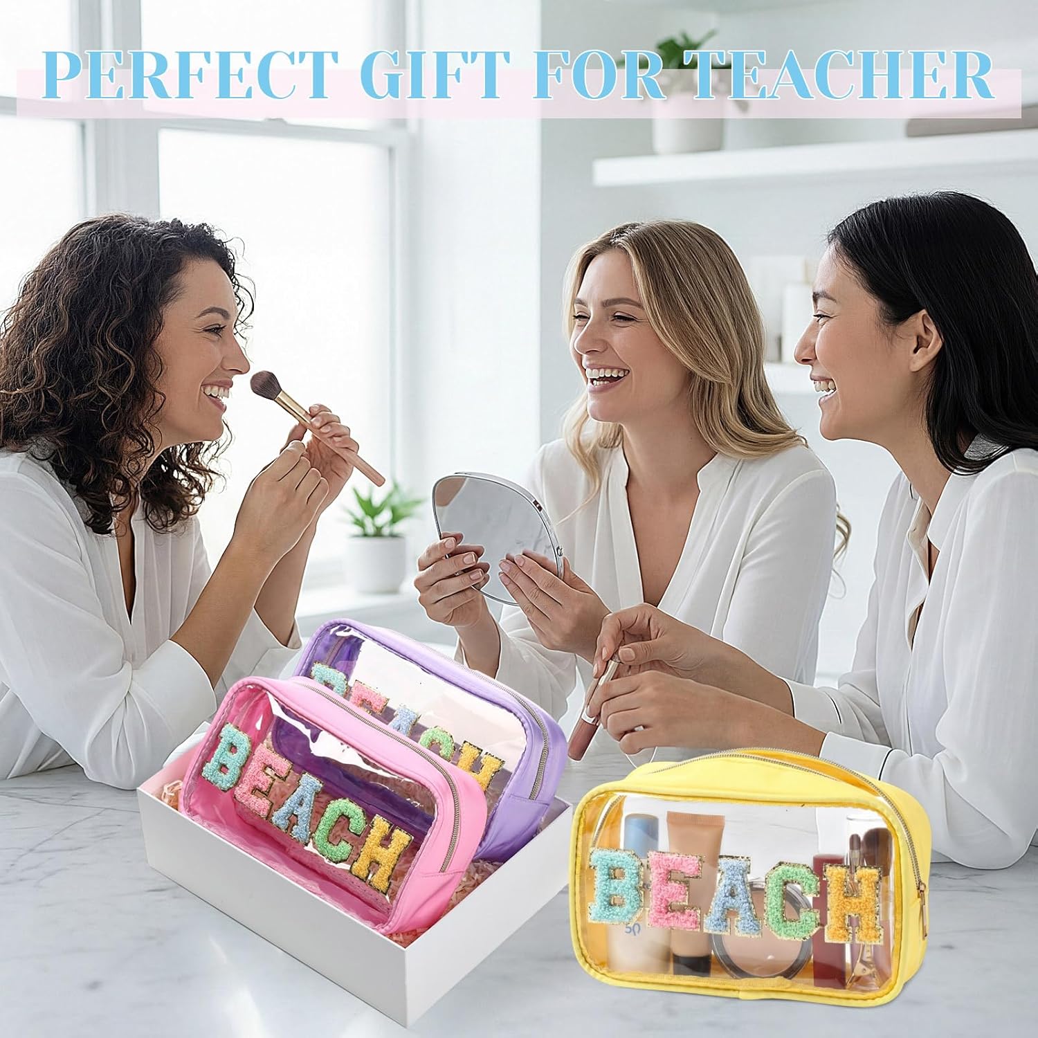 Kacctyen 6 Pcs Clear Beach Makeup Bags Bulk Preppy Patch Makeup Bags with Zipper Chenille Letter Waterproof Toiletry Cosmetic Pouch Organizer for Summer Beach Pool Vacation Women Gift