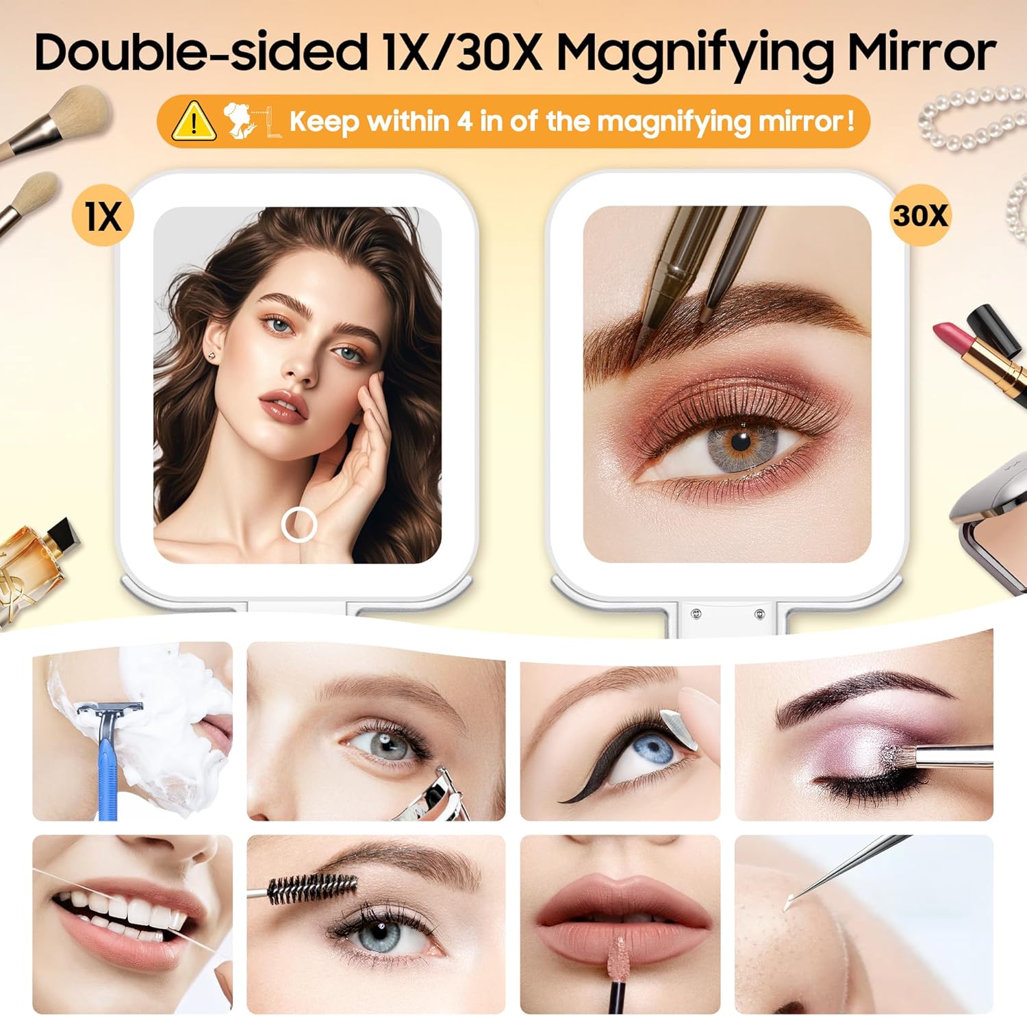 Magnifying Travel Makeup Mirror with Lights, Double-Sided 1X/30X Magnifying Mirror, 3 Color Lighting & Brightness Adjustable, Portable &Foldable Handheld Mirror with Lights(10" L x 5" W) - Image 3