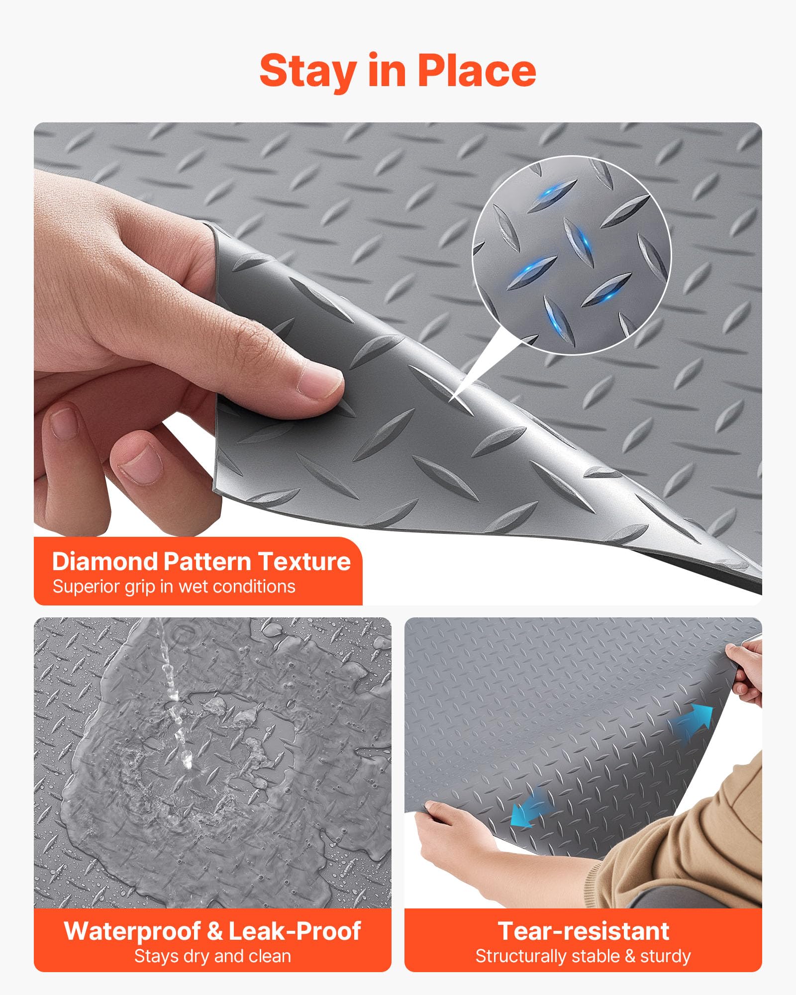 VEVOR Rollo de Suelo de PVC para Garaje, 2,28 x 6,1 m, con Patrón de Diamante de 2,2 mm de Grosor, con Cinta Adhesiva de Doble Cara, Fácil de Limpiar, para Almacenes y Gimnasios. Color Gris Plata