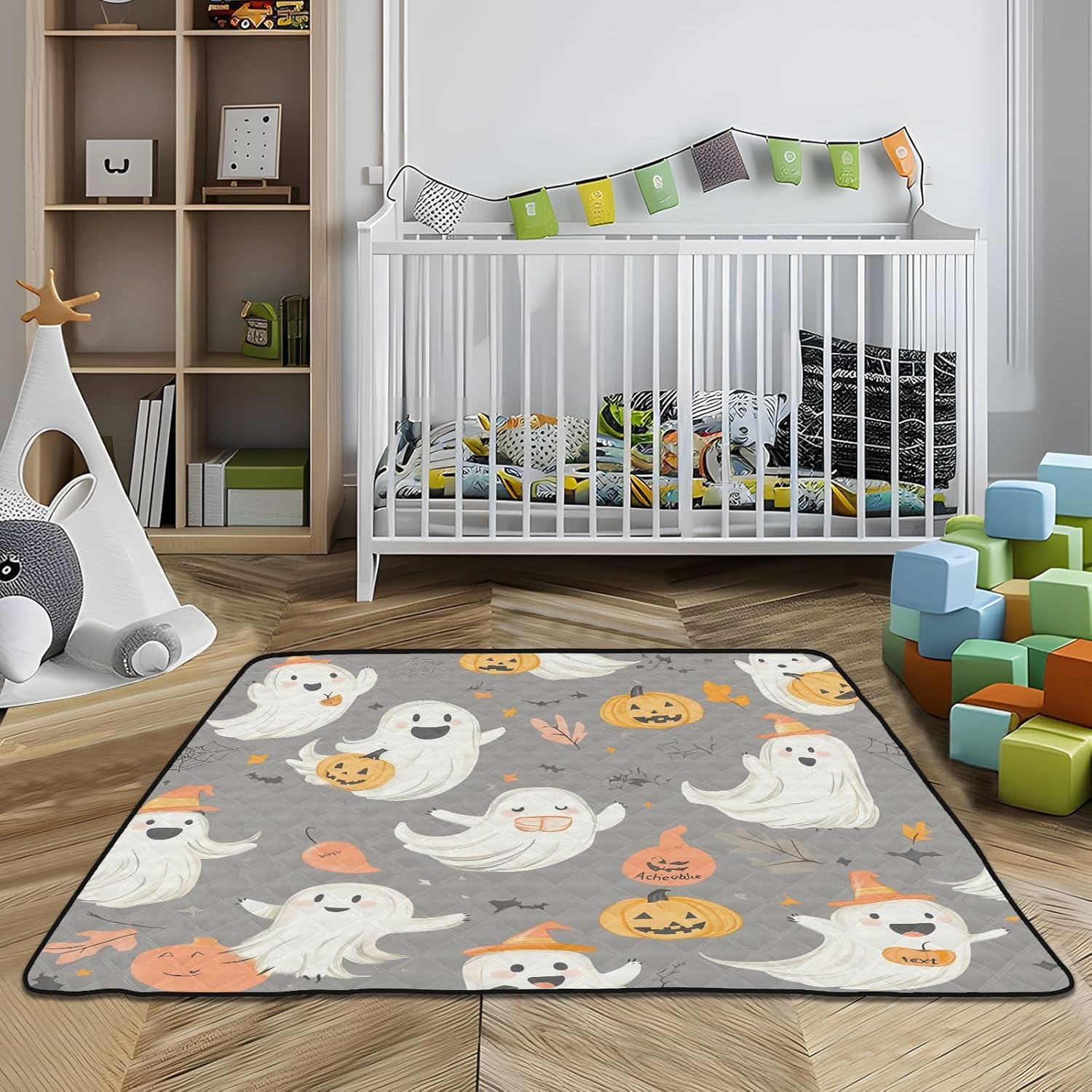 Ghost and Halloween Pumpkin Baby Play Mat, 50“ X 50” Washable Folding Crawling Mat, Baby Floor Mat, Soft, Non-Slip