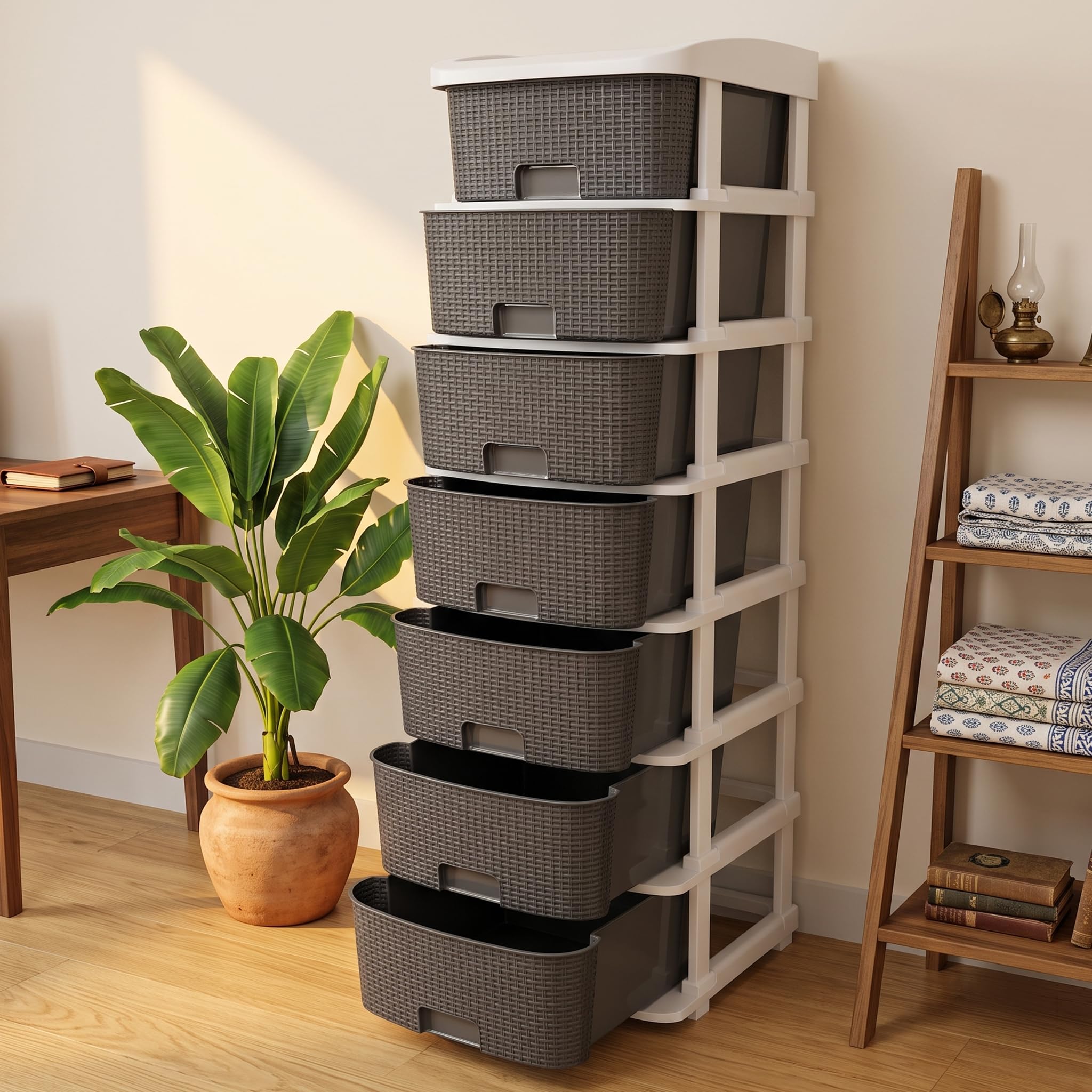 TEX-RO Plastic Modular Drawer Organizer Plastic Drawer Storage Chest of Drawers Rack Drawer Organizer Storage Box | Large Stomo Racks for Multipurpose Organizers | Grey | 7 Layer