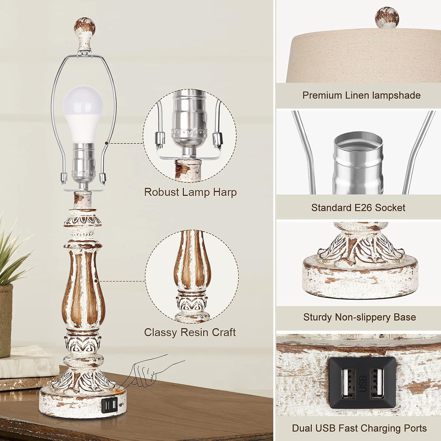 Set of 2 Touch Control 3 Way Dimmable Table Lamp, Bedside Lamps for Bedrooms with 2 USB Ports, Traditional Rustic Farmhouse Bedroom Lamps Sets Nightstand Desk Bed Lamps for Living Room, Bulbs Included
