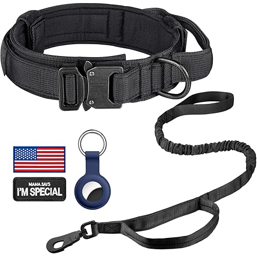 DAGANXI Tactical Dog Collar, Adjustable Military Training Nylon Dog Collar with Control Handle and Heavy Metal Buckle for Medium and Large Dogs, with Patches and Airtags Case (XXL, Black-Set)