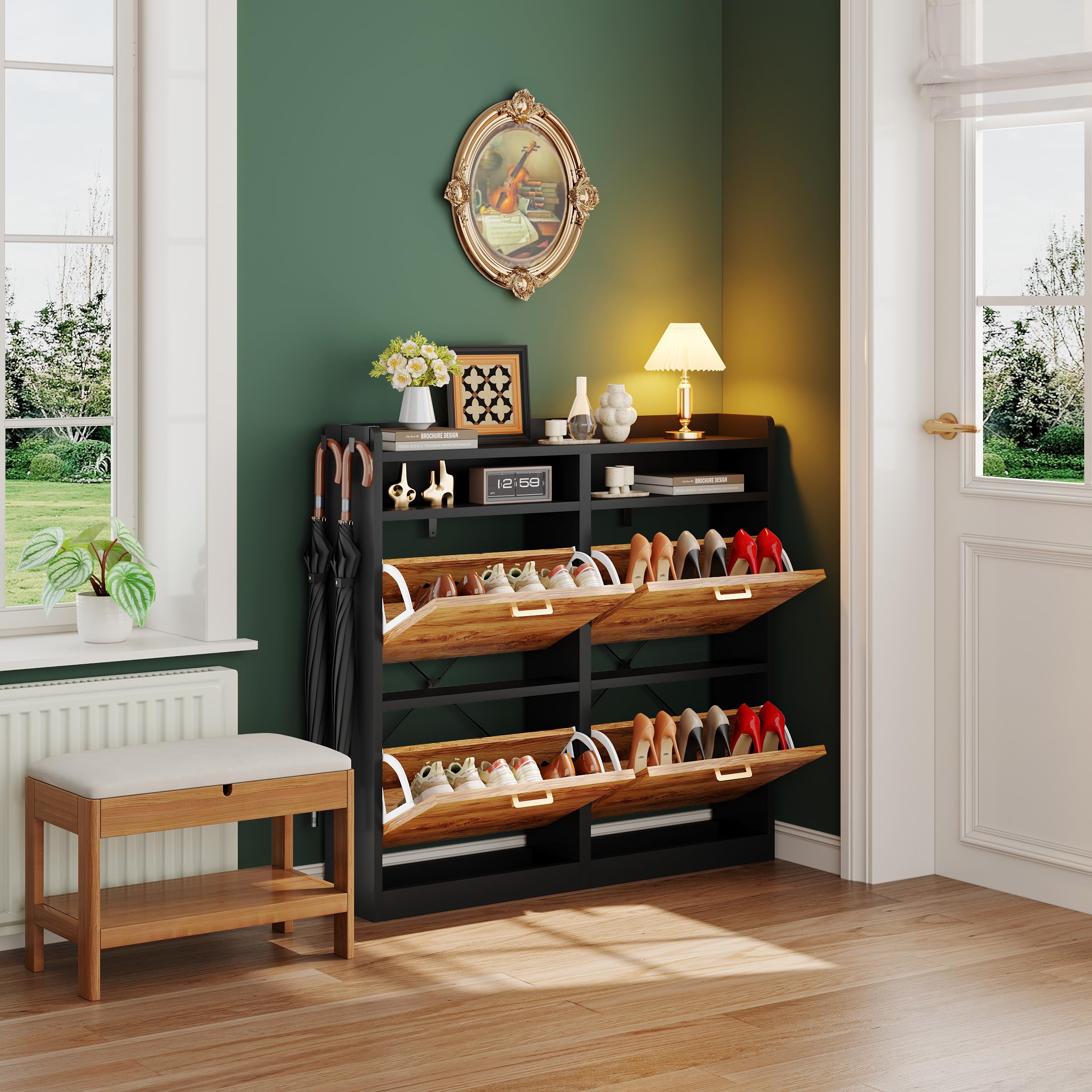 Zapatero 4 Puertas 20cm Estrecho Mueble Zapatero con 2 Compartimentos de Almacenamiento para 12-16 Pares de Zapatos，para Sala de Estar, Pasillo de Entrada, 105,5x20x100cm Negro Naranja