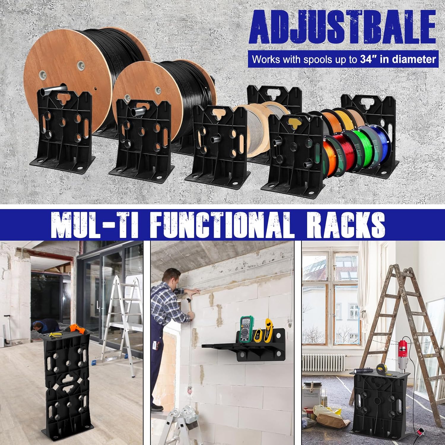 Multi Purpose Wire Dispenser, Cable/Wire Spool Rack, Wire Spool Caddy, Holds Spools Up to 34" In Diameter, Load Capacity 330 LBS, 1 Pair (BLACK)