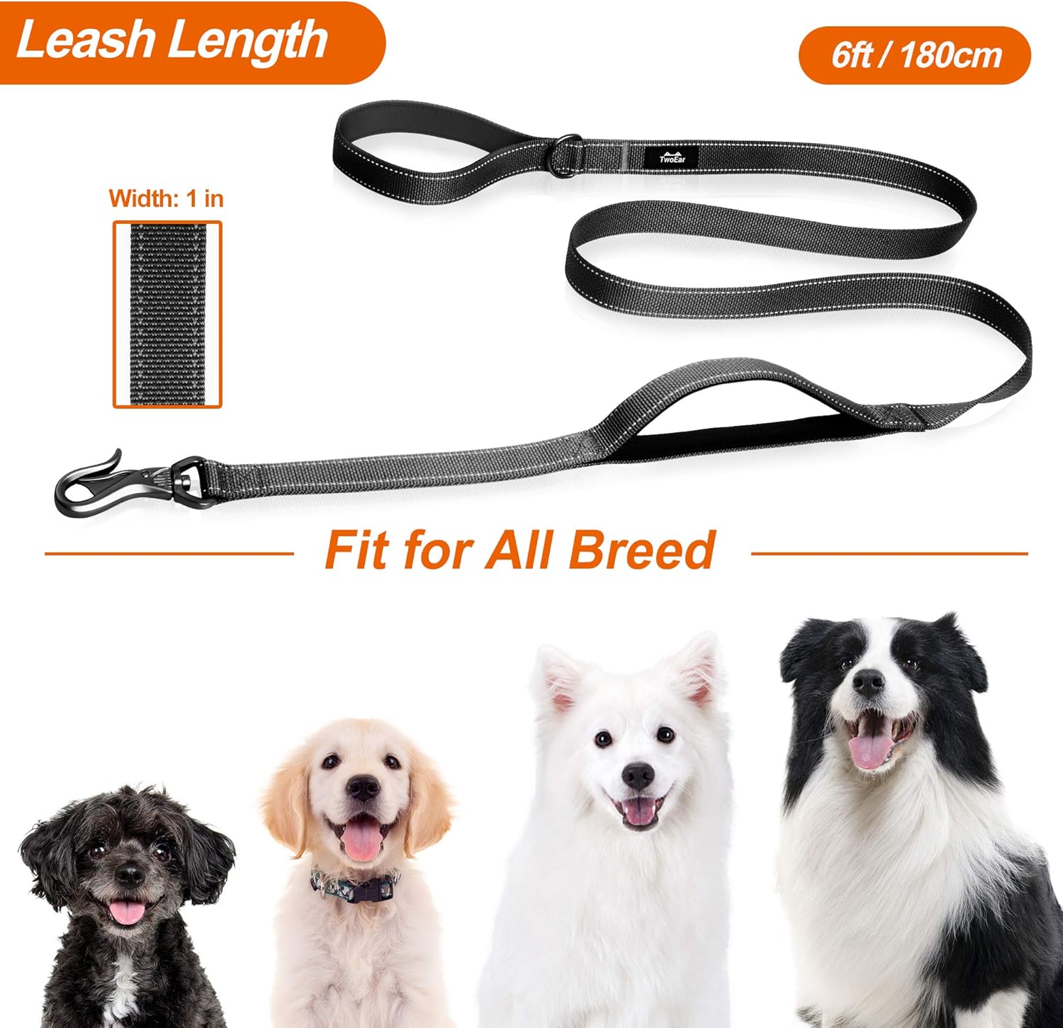 TwoEar 6FT 1IN Strong Black Dog Leash with 2 Padded Handles, Traffic Handle Extra Control, Comfortable Soft Dual Handle, Auto Lock Hook, Reflective Walking Lead for Small Medium and Large Dogs : Pet Supplies