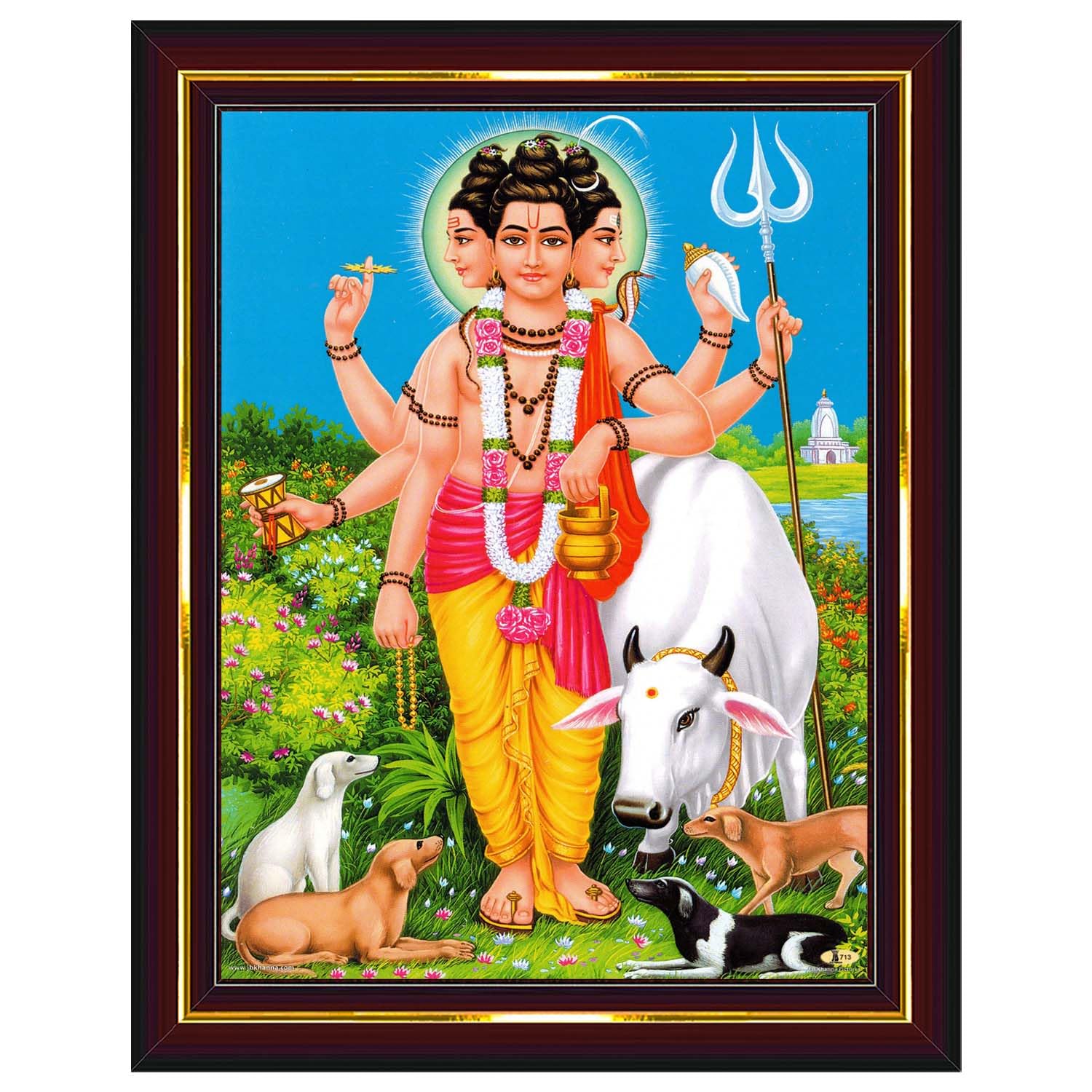 Lord Dattatreya Swamy Gurudatta Dattaguru Wall Painting Framed Home Decor (Wood,Matte,Brown,Small Size,6 x 8 Inch) B841S-image-26