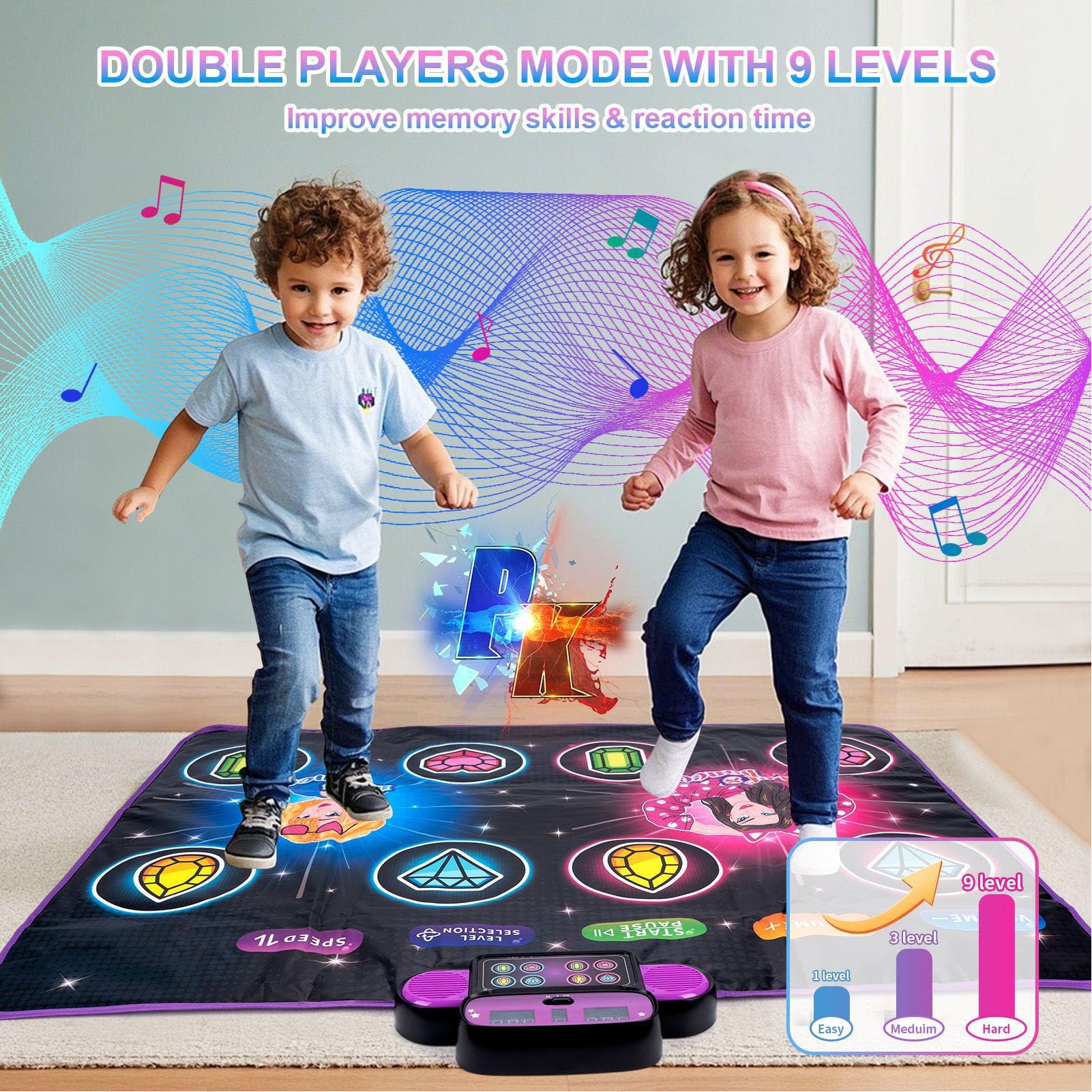Dance Game Mat for Kids, Light Up Electronic Dance Pad with Single or Double Players Mode, 8 Key Dancing Toys Music Games with Wireless Bluetooth, Challenging Levels for Kids