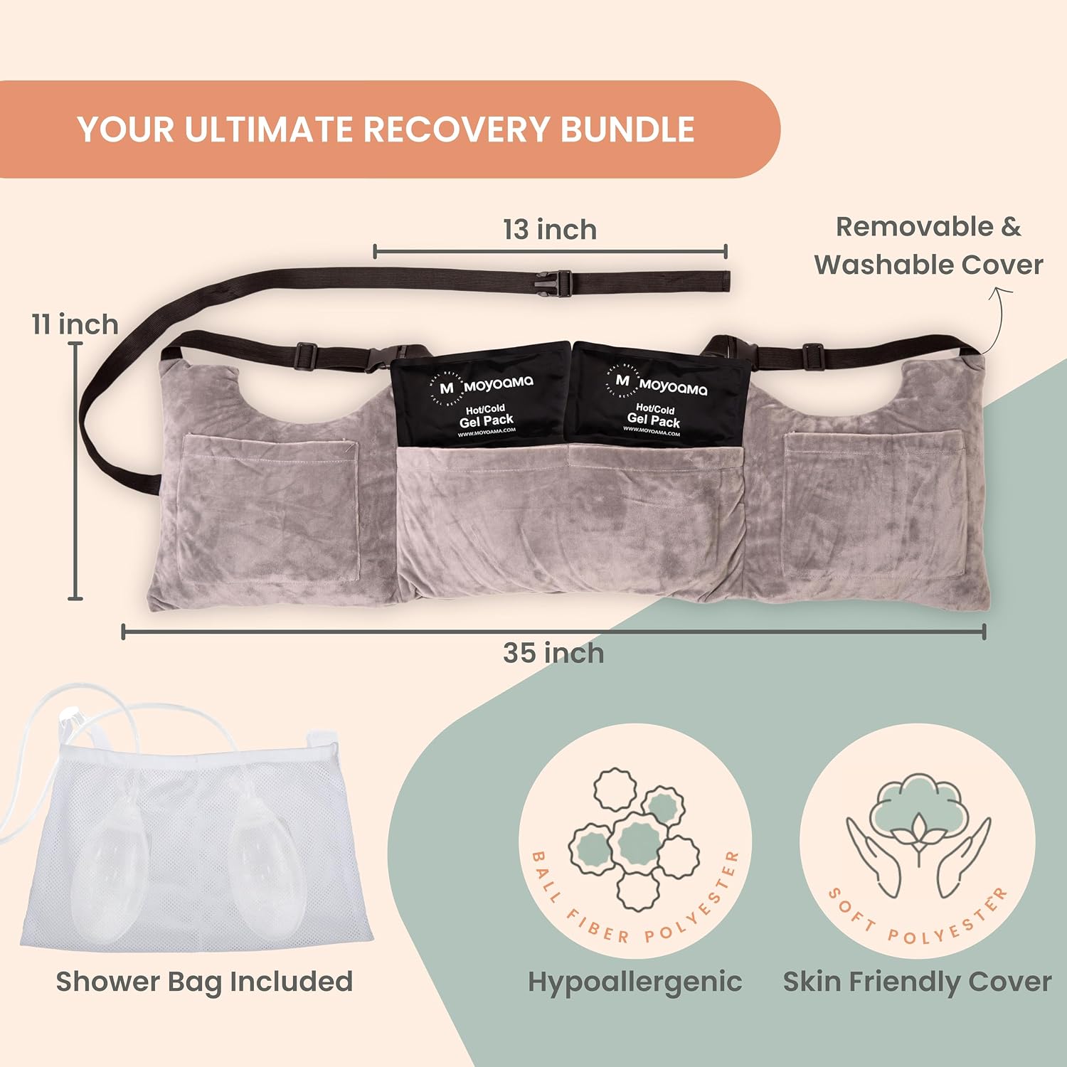 moyoama post mastectomy pillow – hands-free protection with secure strap & easy-clean washable cover breast surgery must haves,breast reduction recovery supplies,breast augmentation dove grey