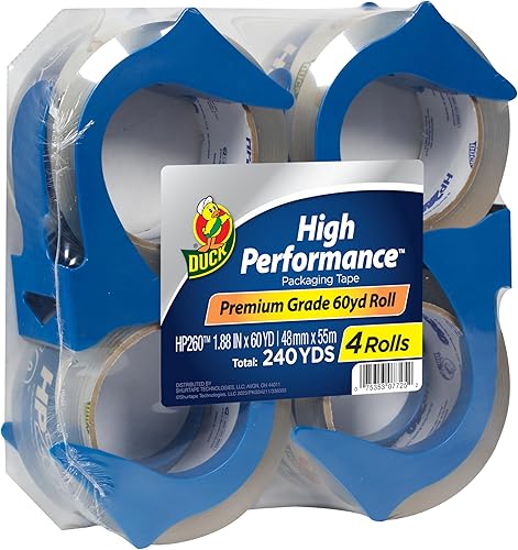 Cinta de embalar de alto rendimiento con dispensador Duck, Transparente Paquete de 4