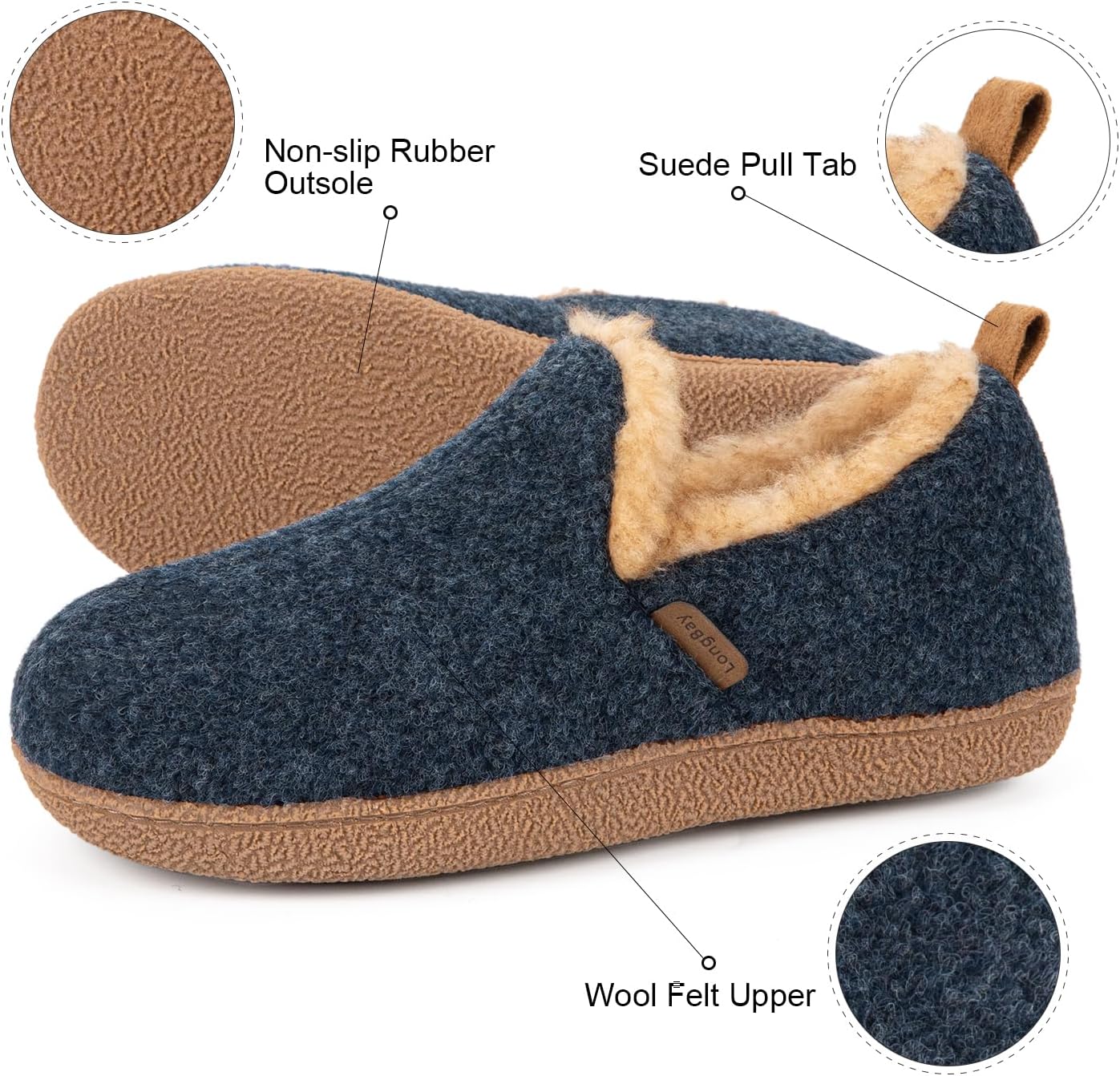 LongBay Women's Felt Bootie Slippers Warm Cozy Memory Foam House Shoes with Polar Fleece Lining Non Slip Indoor Outdoor - Image 5