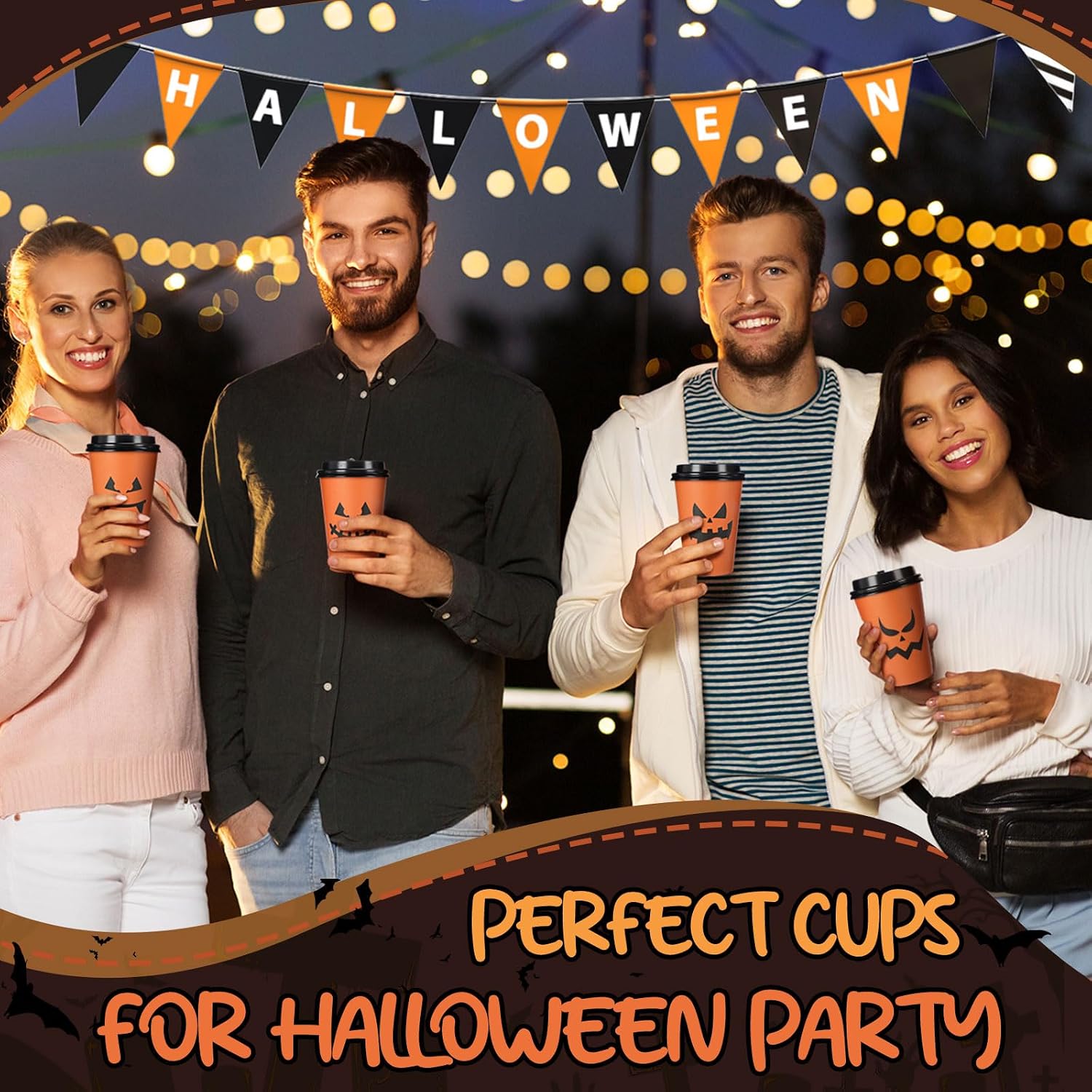 Jingmore 120 Pcs Disposable Coffee Cups with Lids - 12 oz Pumpkin & Jack O Lantern Paper Cups for Halloween Party Decoration & Hot Drinking