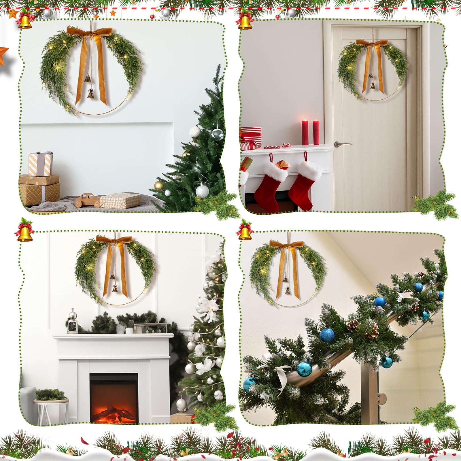 Hungdao Lot de 2 couronnes de Noël en pin avec nœud lumineux de 30 cm - Décoration rustique pour fenêtre et mur - Décoration à suspendre (pin cèdre)