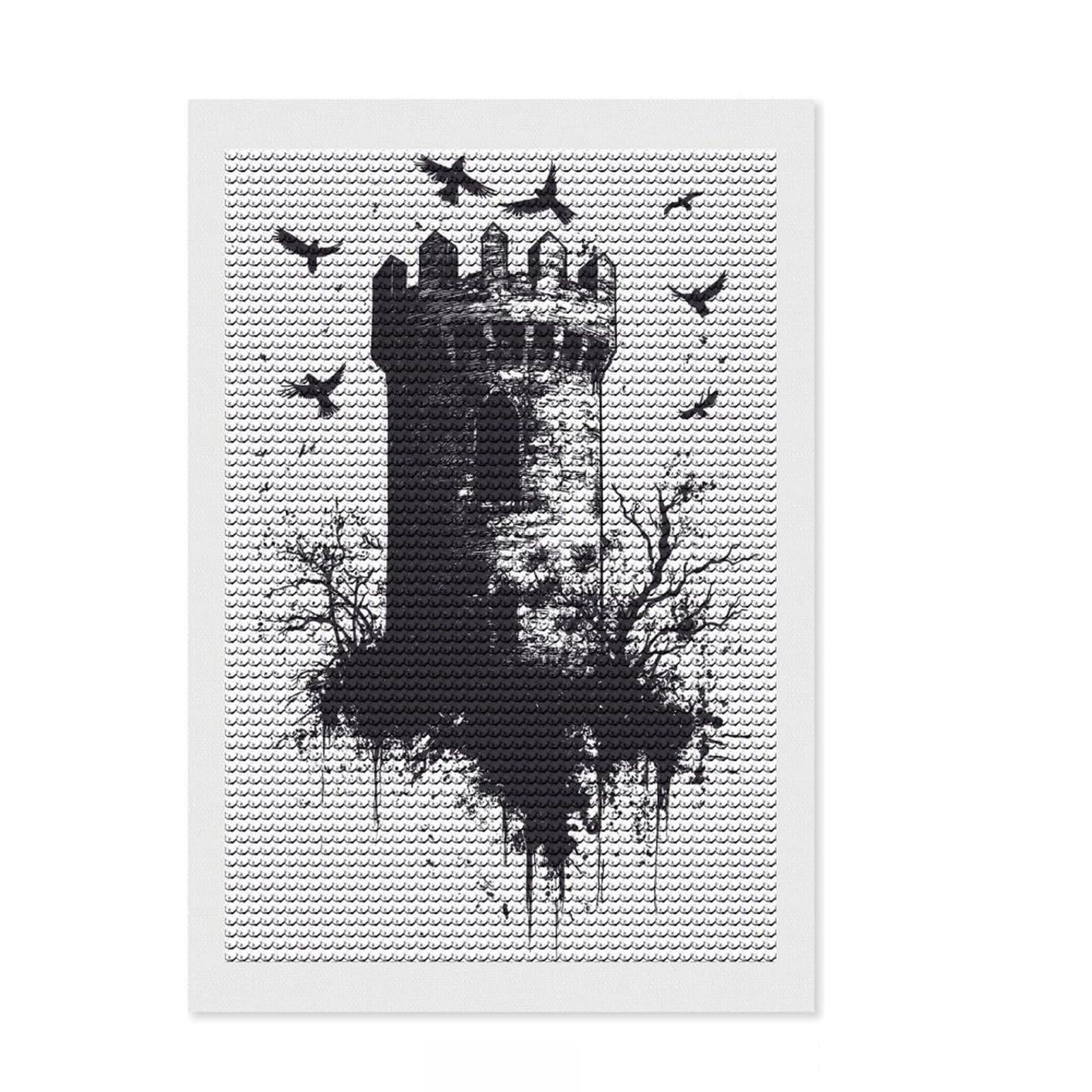 Junmoney Gothic Tower with Crows DIY Diamond Art Canvas Kit 8"x12", Sparkling Round Gems, Adhesive Canvas, Office Decor, Holiday Gift Idea