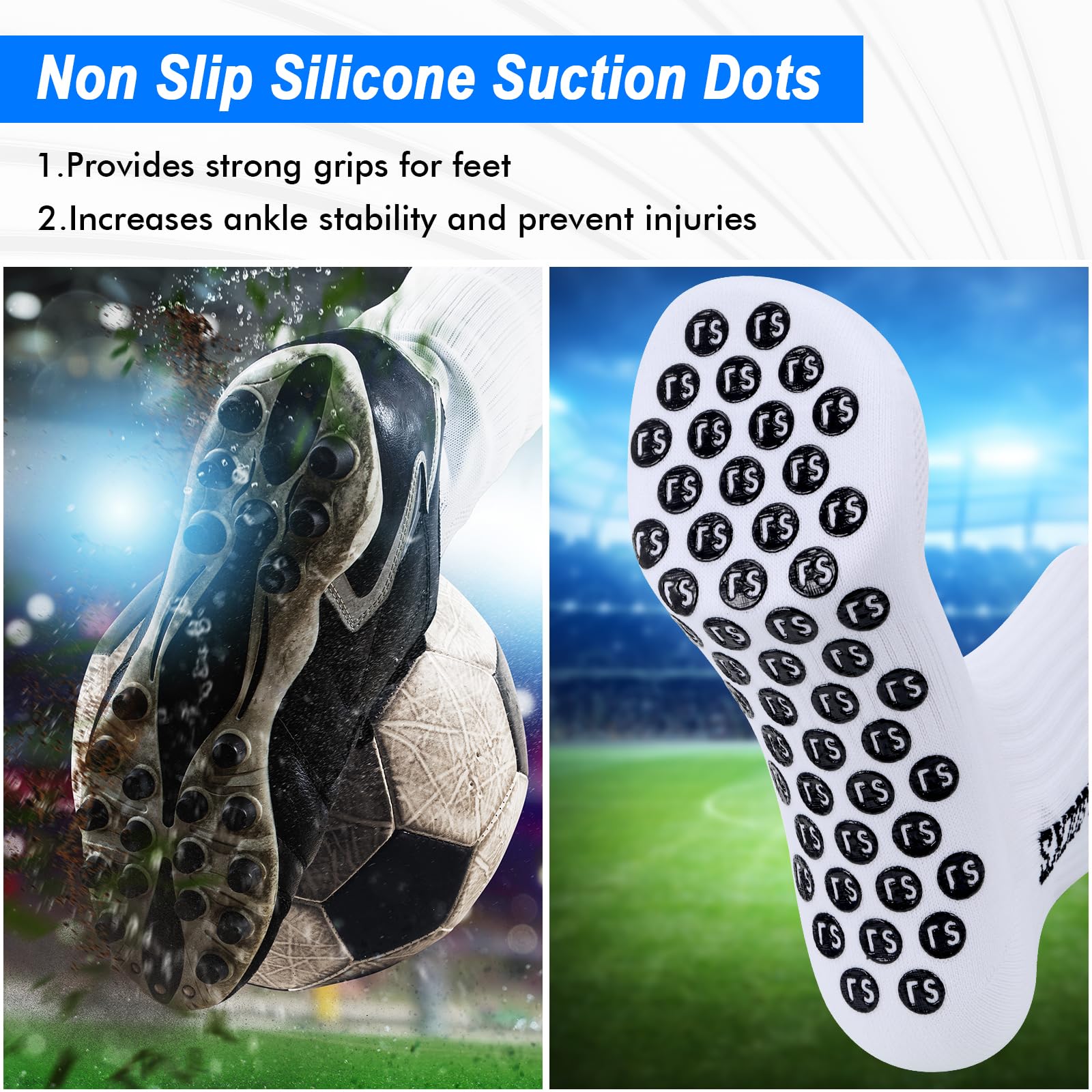 Fentar 3Pezzi Calzini Grip Calcio, Calze Antiscivolo Calcio con Puntini in Silicone, Calze Calcio Comode, Calzettoni Calcio Traspiranti, EU39-46 Calzini Antiscivolo Uomo per Calcio Trekking