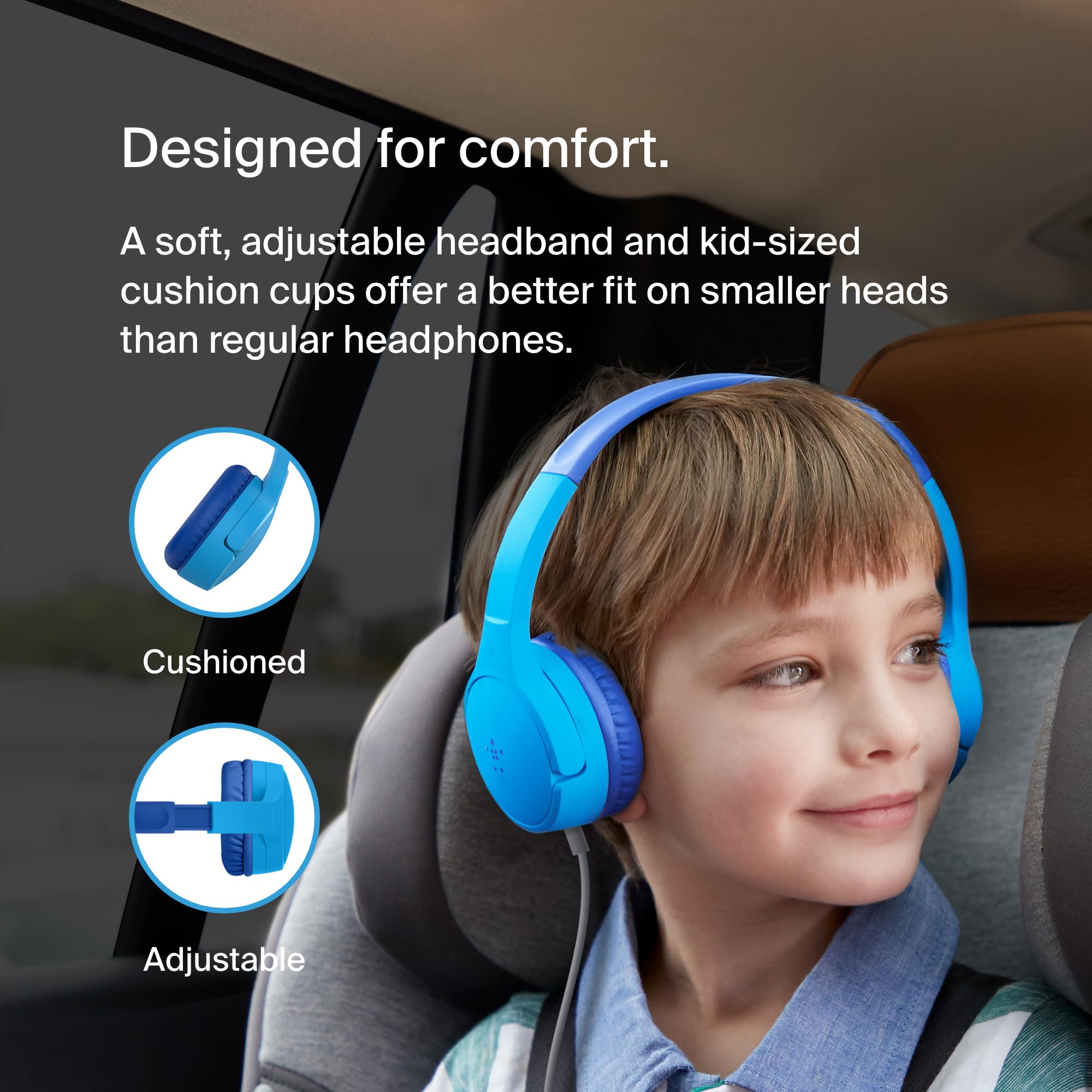 Belkin SoundForm Mini przewodowe słuchawki nauszne dla dzieci, słuchawki dla dzieci z mikrofonem liniowym do nauki zdalnej, szkoły, podróży, grania, do urządzeń zgodnych z gniazdem 3,5 mm niebieskie